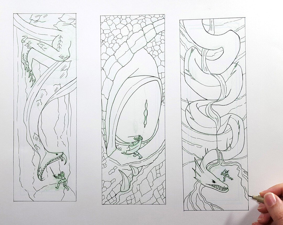 Concepts for the second bookmark design for Fantasy Fiction Fanatics, this time dragon themed! Working in this long format was a great design challenge!
.
.
.
#wip #fantasyart #drawing #dragons #illustratorsoninstagram
