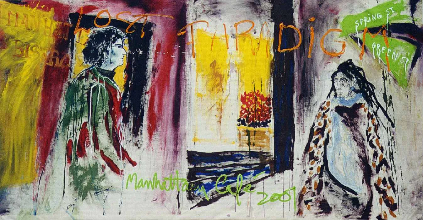 Manhattan Café, 2001, acrylic and ink on raw canvas, 150 x 225 cm