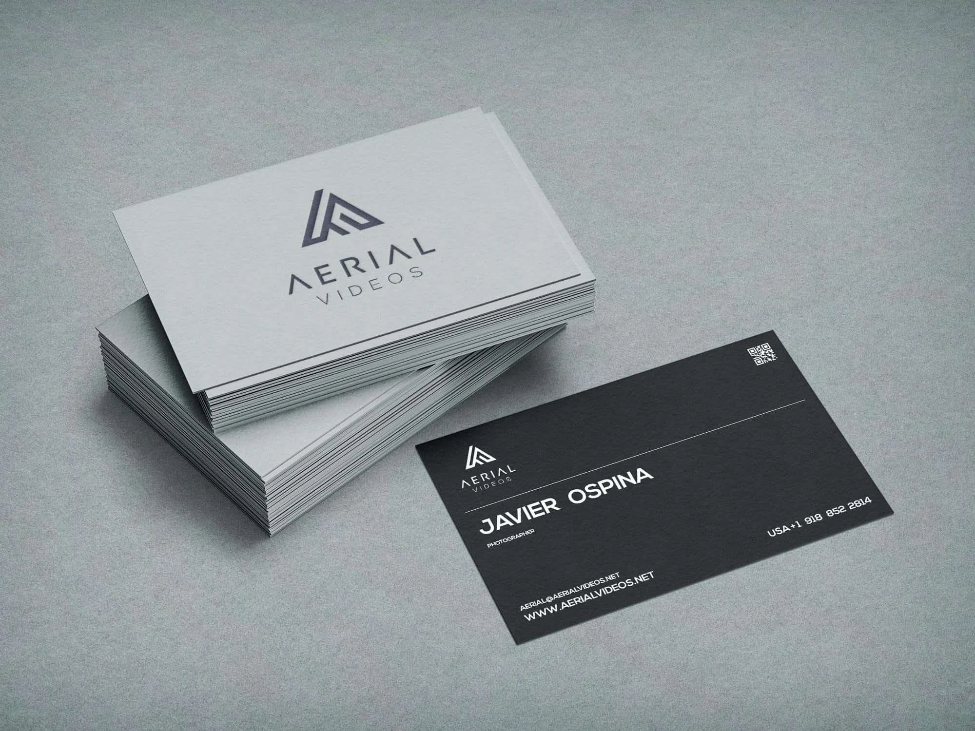 Aerial Videos business cards featuring the company logo and branding
