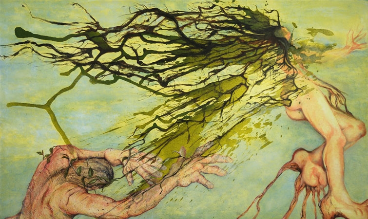 Daphne gets the Last Word: mixed media painting 36" x 60"