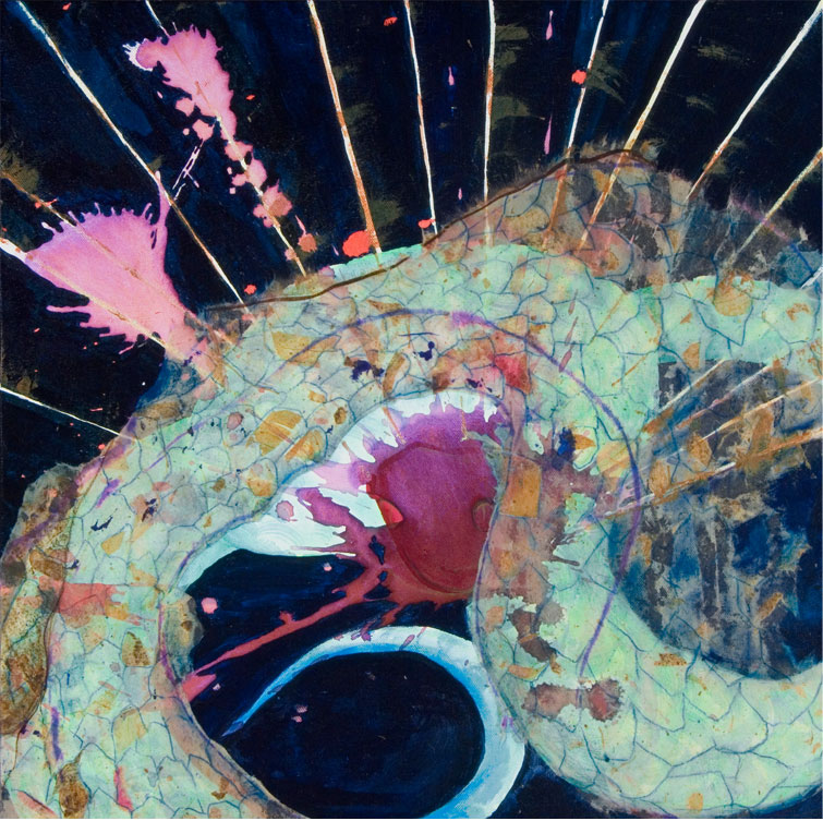 HUIIO THE PLUMED SERPENT: mixed media 20” x 20” 2008