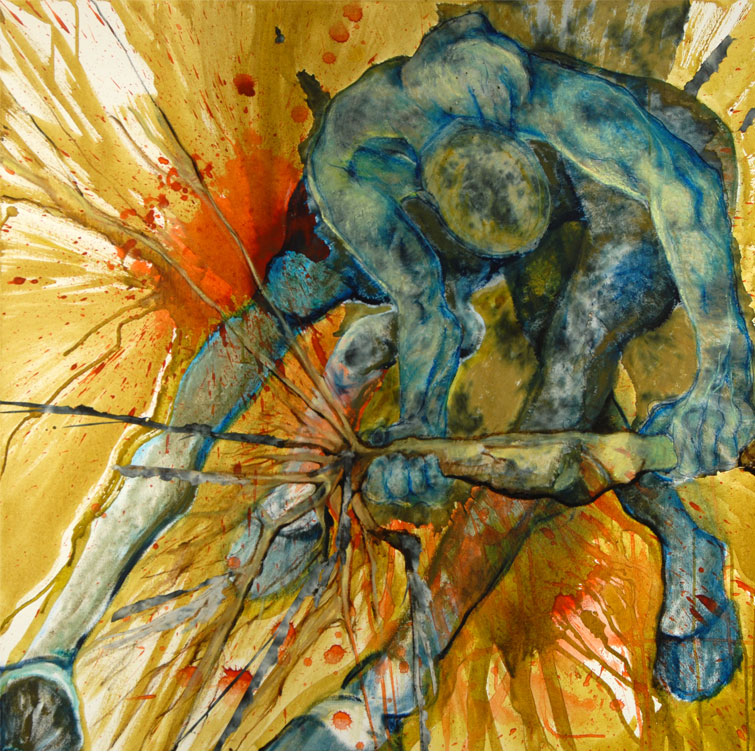 CENTAUR WITH UPROOTED TREE: mixed media 36” x 36” 2008