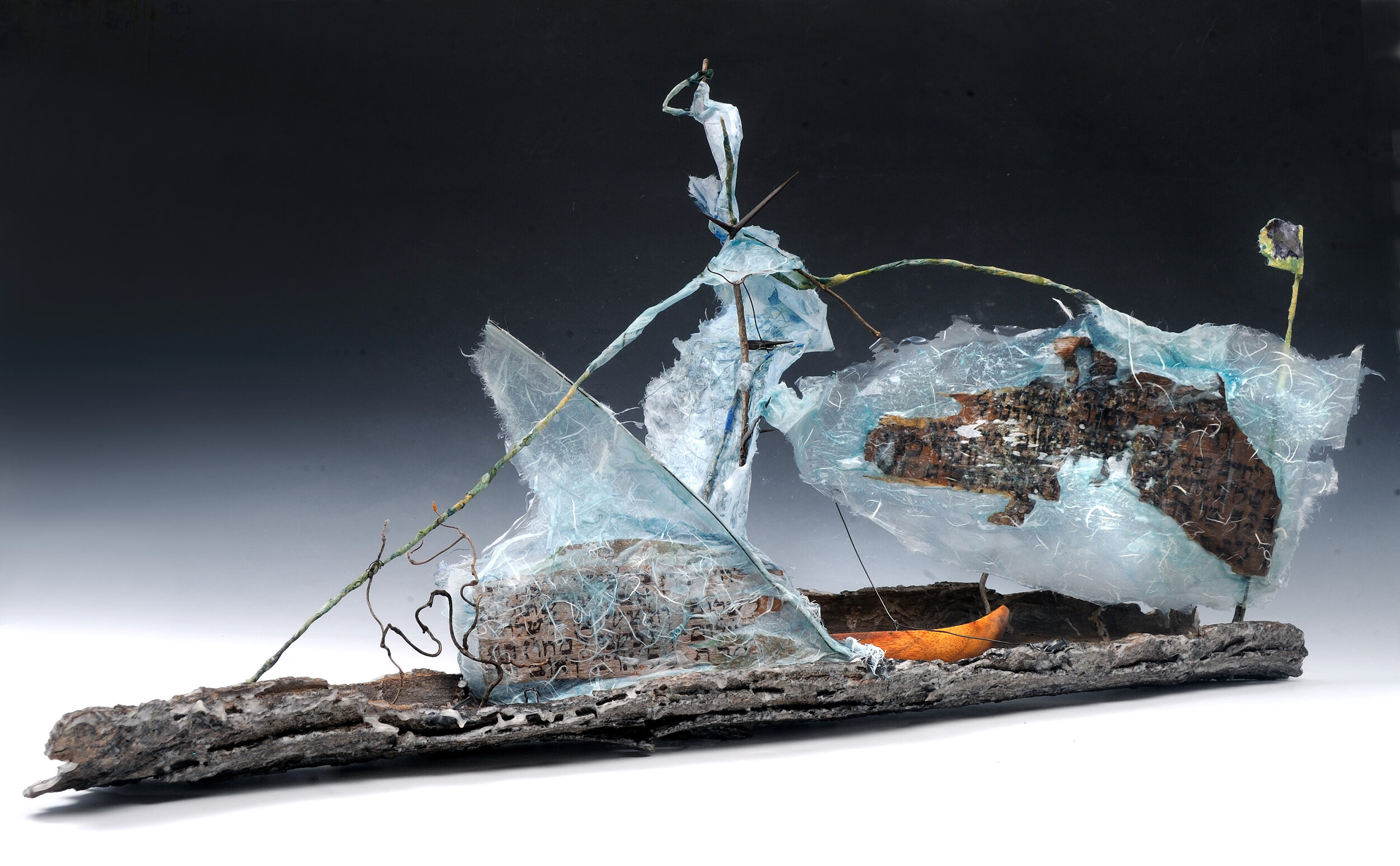 PRAYERS ON THE NIGHT BOAT: insect-inscribed tree bark, found model boat, nails, wire, thorn bush branch, birch bark, gauze, paper, ink, medium, glue 38”x 10”x 19”