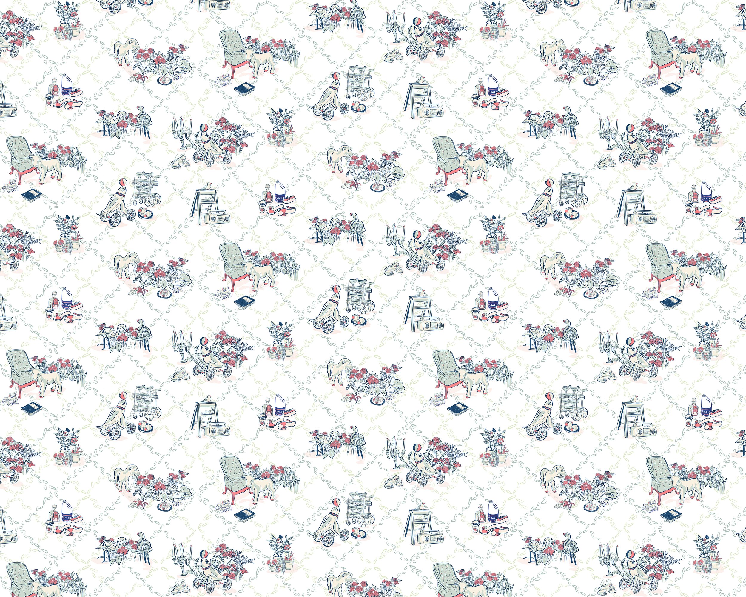  Creature Comforts,  2022, artist designed archival inkjet adhesive backed, fabric wallpaper, 9’x12’ 