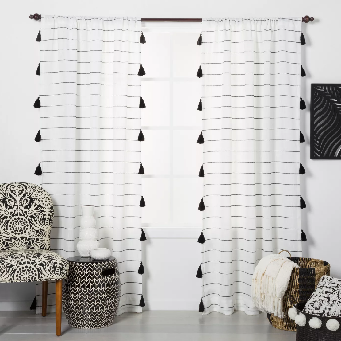 Contrast Stripe Light Filtering Curtain Panel with Tassels - $24.99