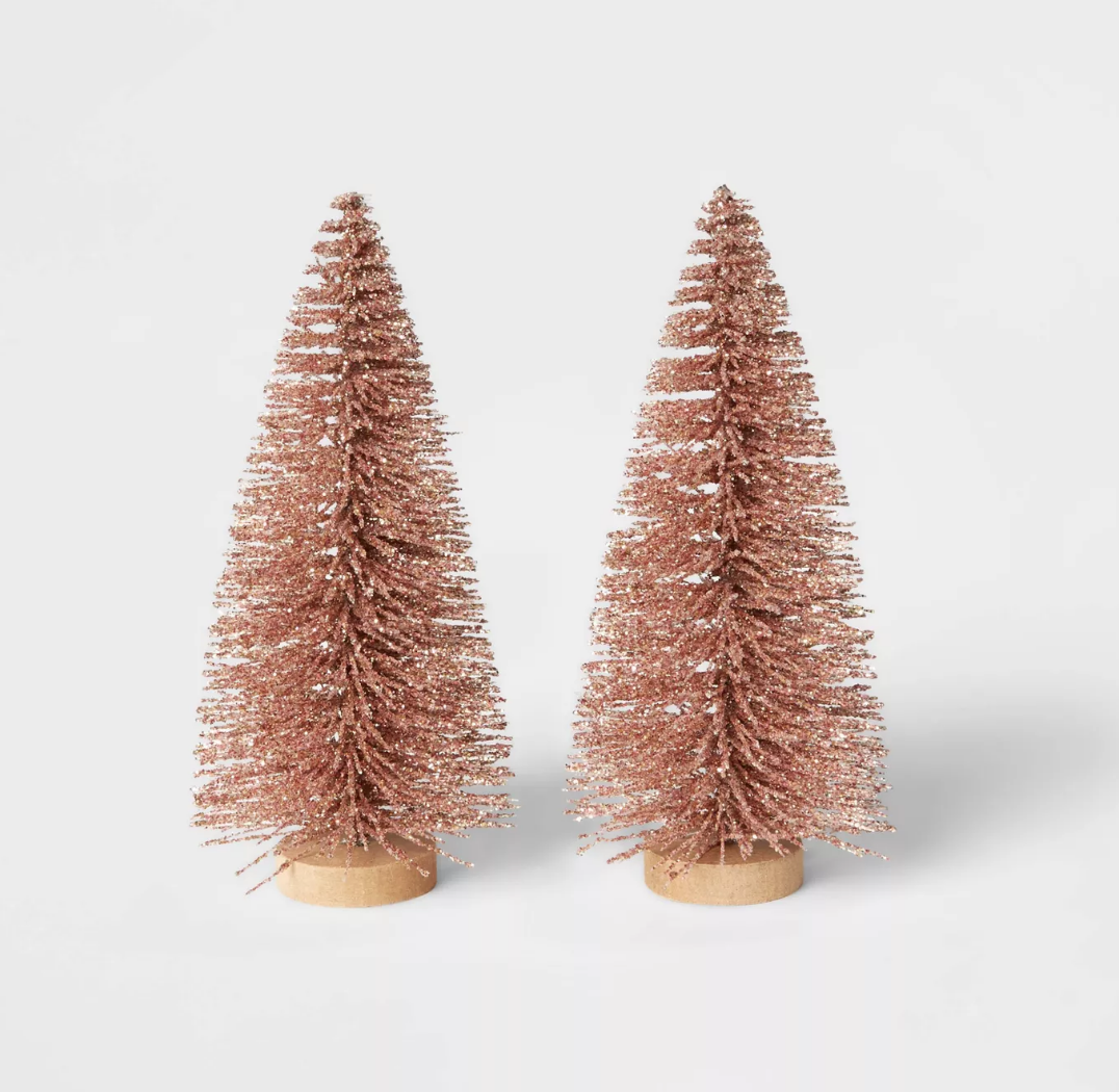 2pk Glitter Bottle Brush Christmas Tree Set Decorative Figurine Blush - $5