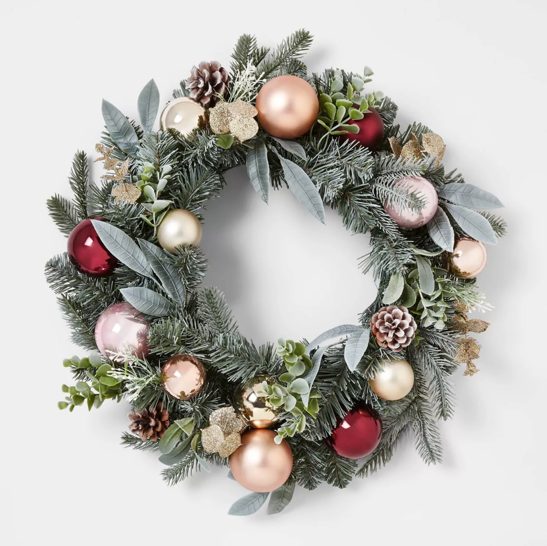 22in Mixed Artificial Pine Christmas Wreath with Shatterproof Ornaments Gold, Burgundy &amp; Blush - $30