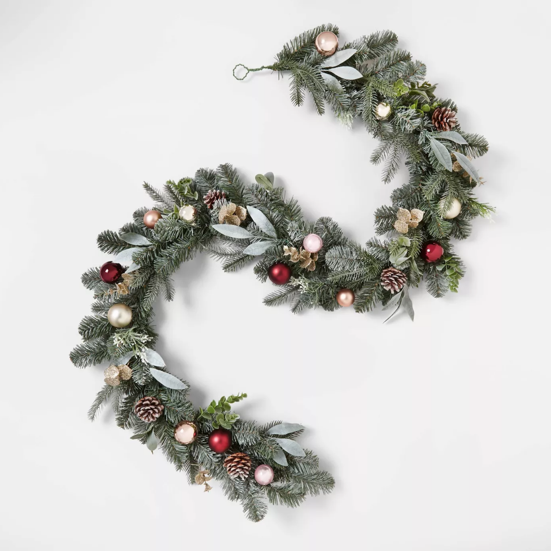 6' Unlit Blue Green Mix Greenery Artificial Pine Christmas Garland with Gold, Blush &amp; Burgundy Ornaments - $30