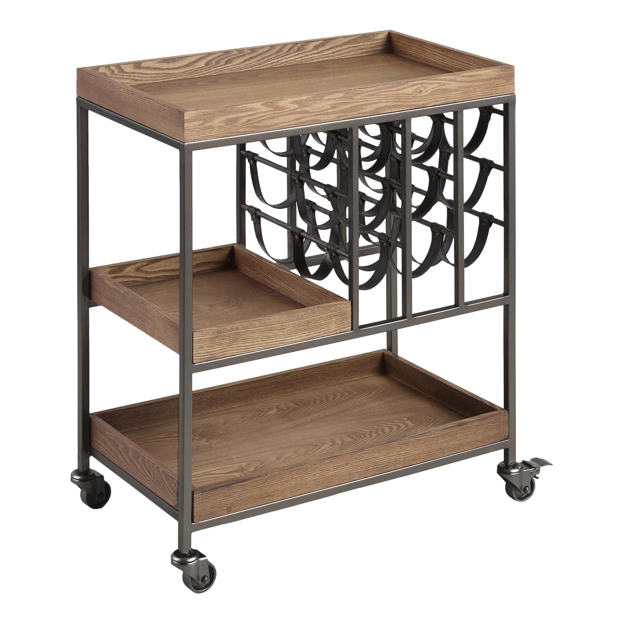 Wood And Faux Leather Strap Bar Cart With Wine Storage - World Market -$299.99