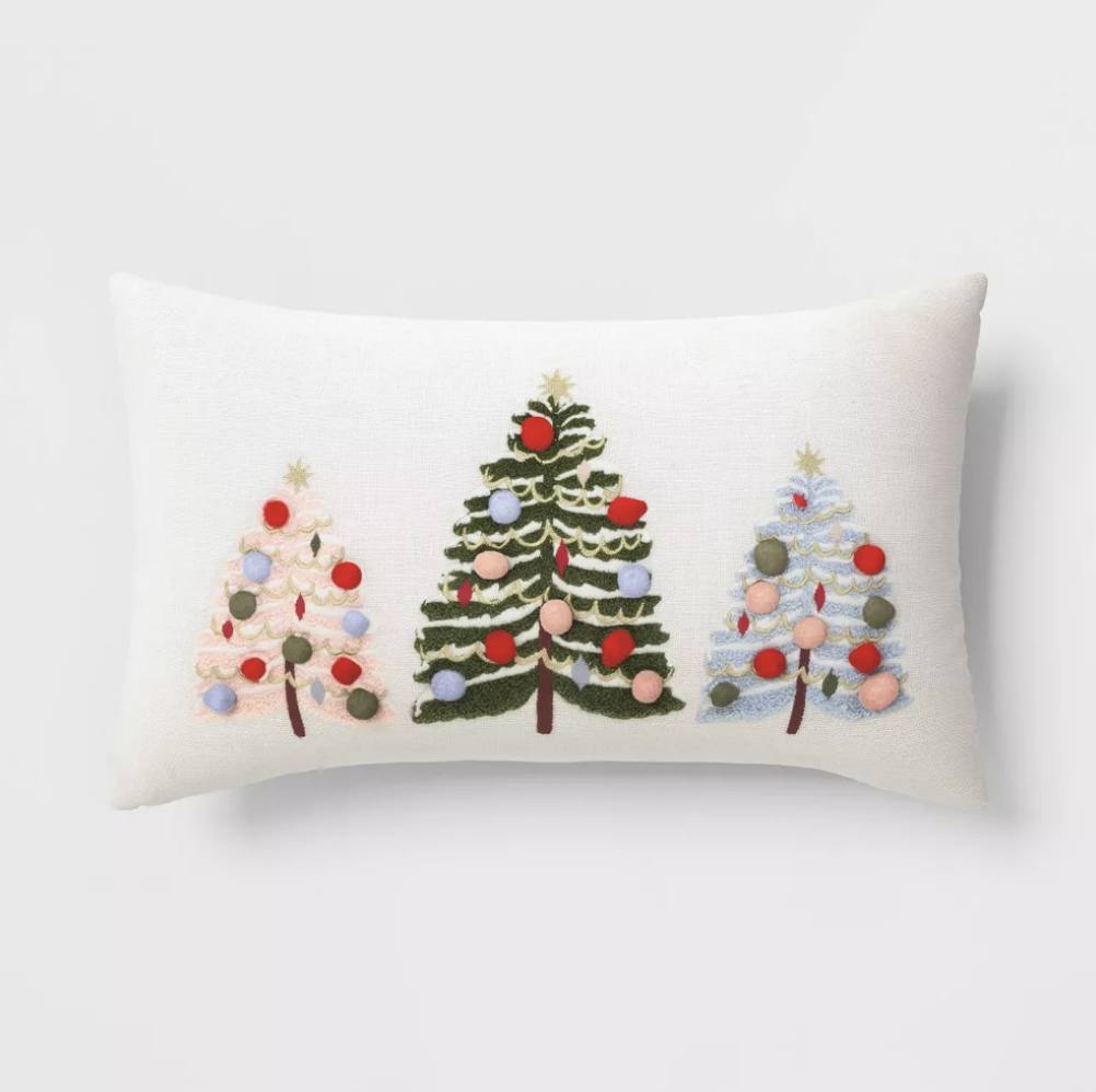 Embroidered Christmas Trees Lumbar Christmas Throw Pillow with Pom Poms - $20