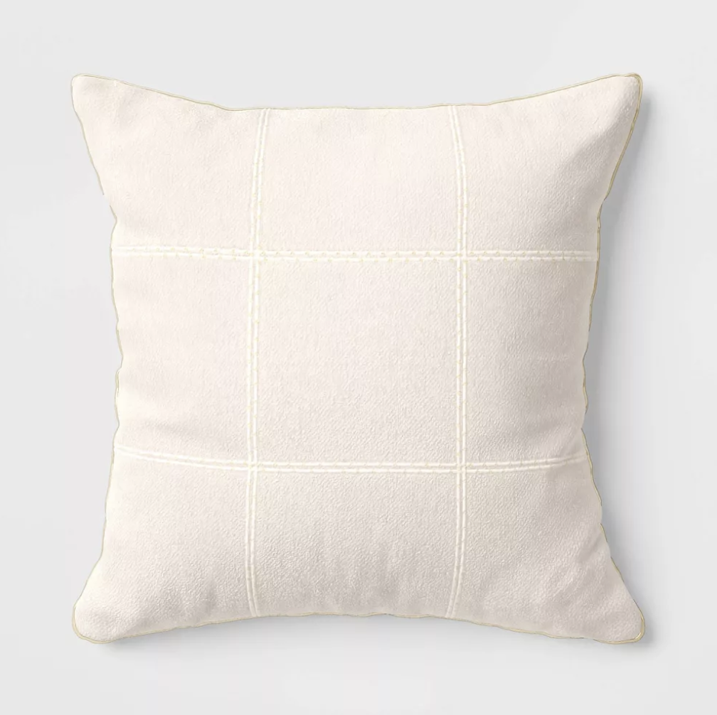 Oversized Windowpane Plaid Embroidered Boucle Square Throw Pillow - $30
