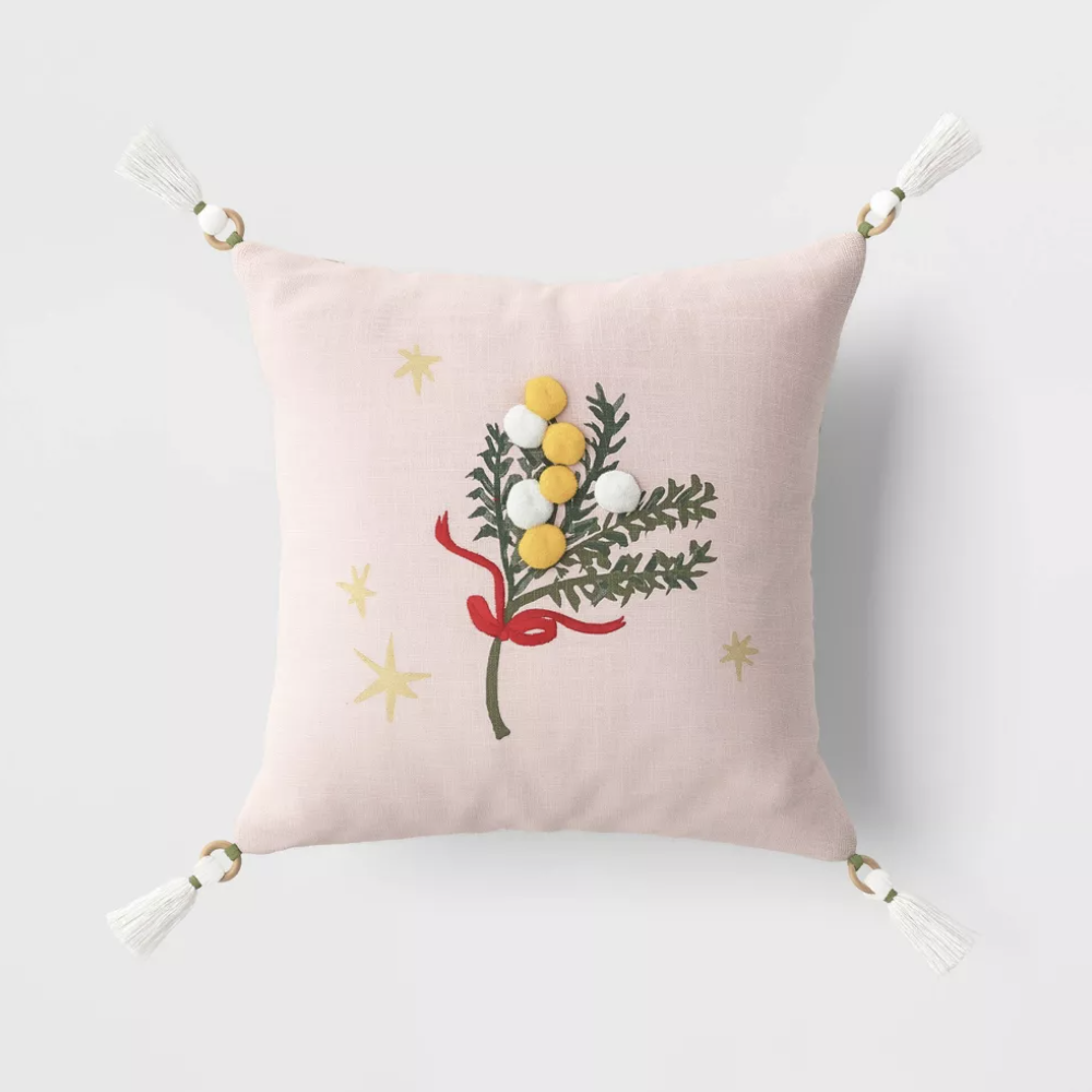Mistletoe Embroidered Square Christmas Throw Pillow with Pom Poms - $15