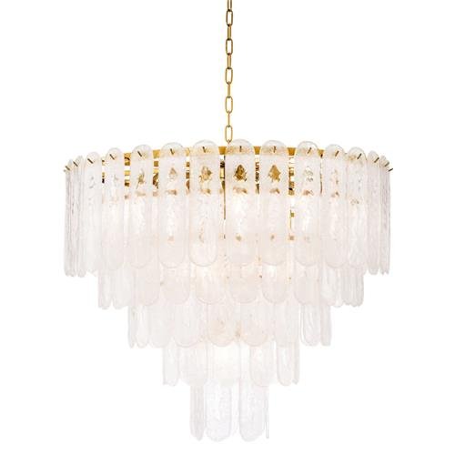 Eichholtz Riveria Modern Classic 5 Tier Frosted Glass Gold Frame Chandelier - $5,500 - Kathy Kuo Home