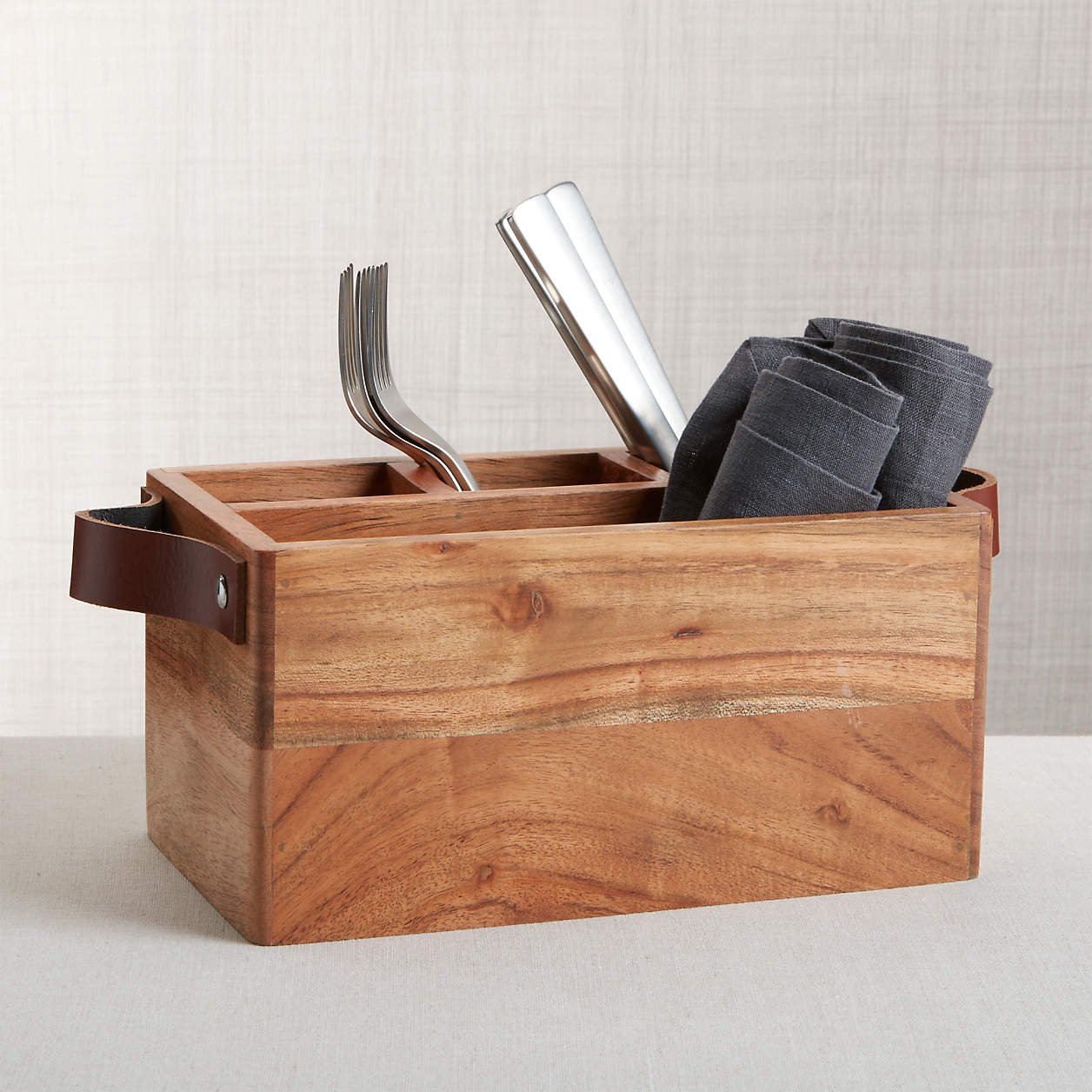 Crate &amp; Barrel - $39.95 - Carson Flatware Caddy with Leather Handles