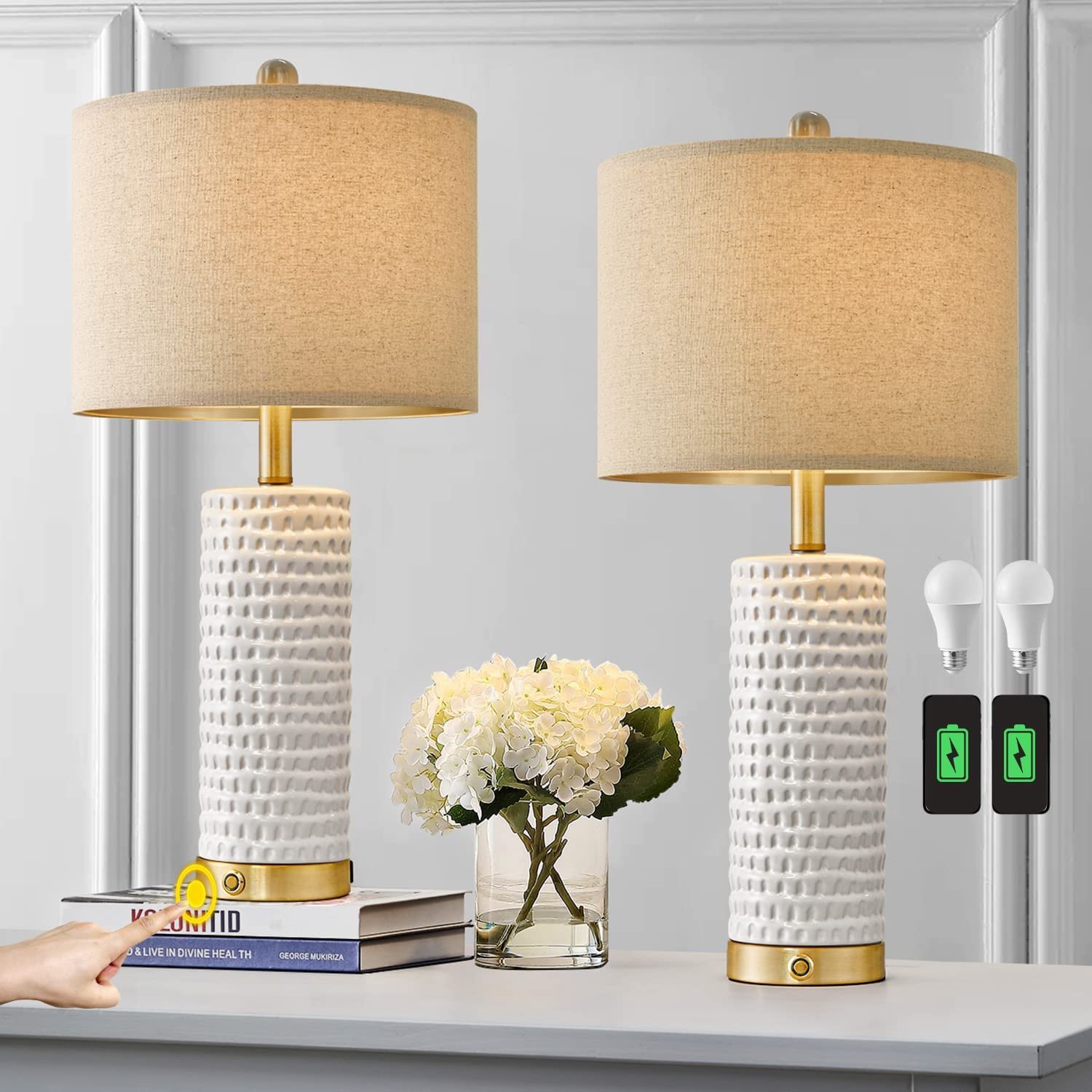 24’’ Farmhouse 3-Way Dimmable Touch Ceramic Table Lamp Set of 2 - $99.99