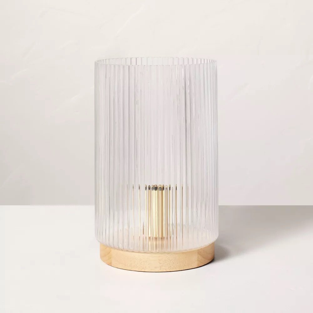 Ribbed Glass Cylindrical Accent Lamp with Wood Base - $39.99