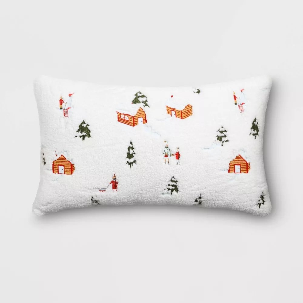 Embroidered Winter Scene Faux Shearling Throw Pillow - $25