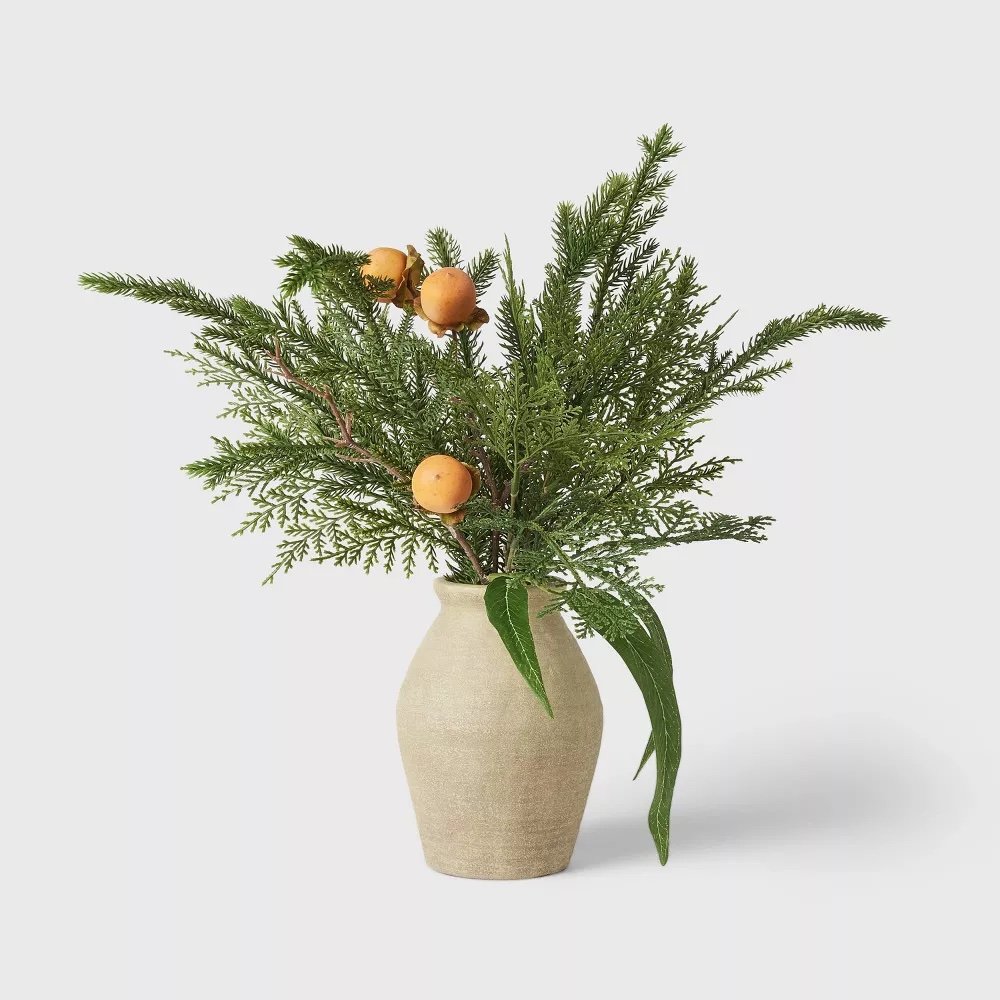Mixed Greenery with Oranges in Pot Arrangement - $20