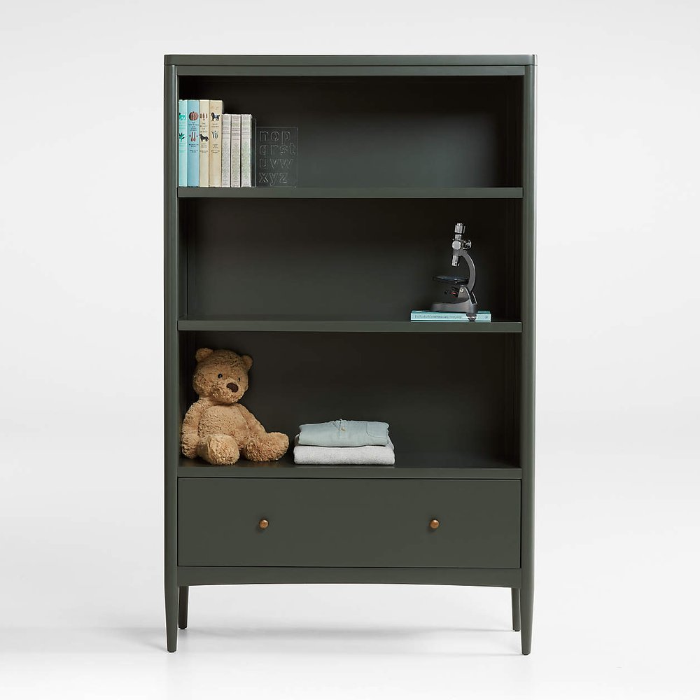 Crate &amp; Kids - $799 - Hampshire Tall Olive Green Wood 3-Shelf Kids Bookcase with Drawer