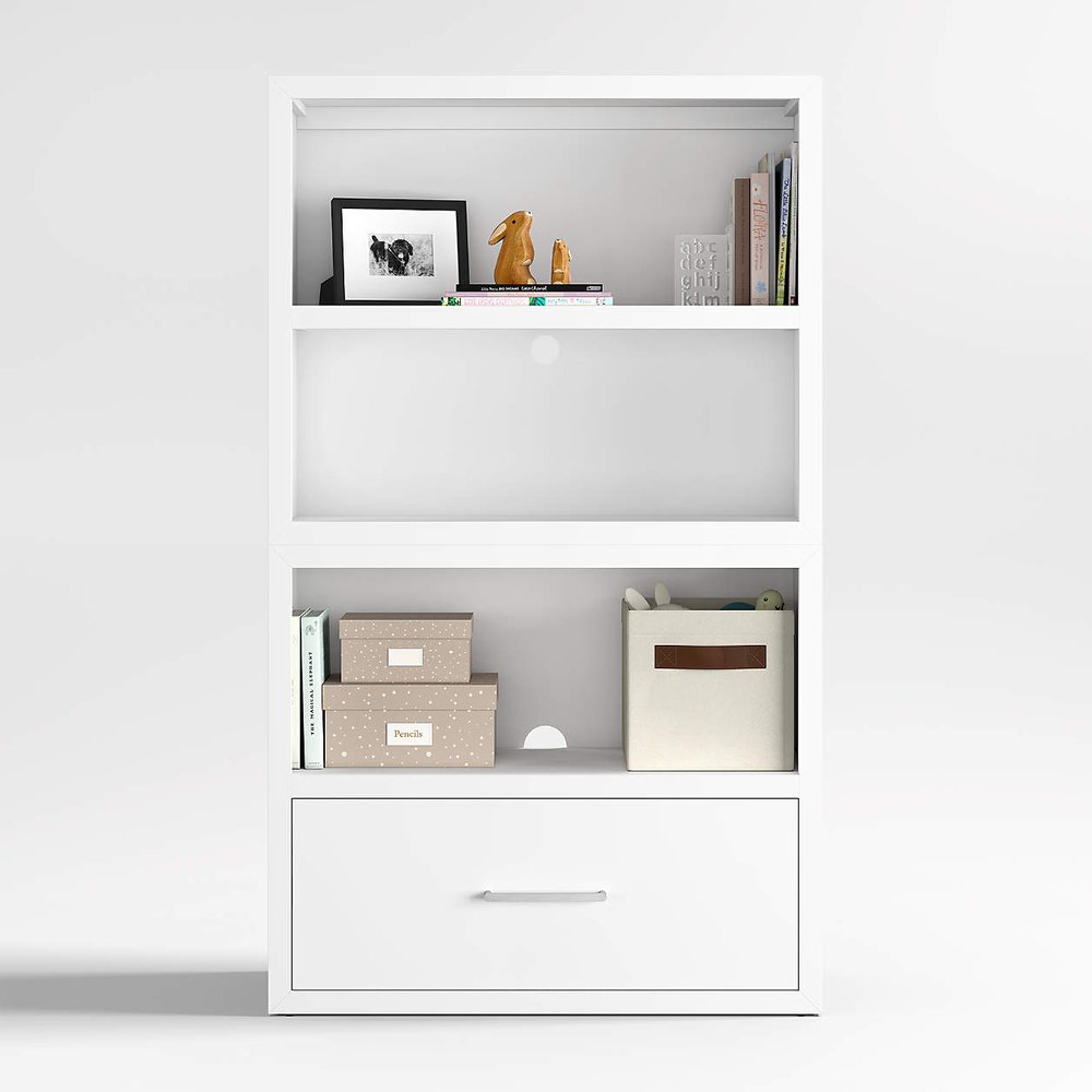 Crate &amp; Kids - $998 - Ever Simple Modular White Wood Kids Open Bookcase with Drawer