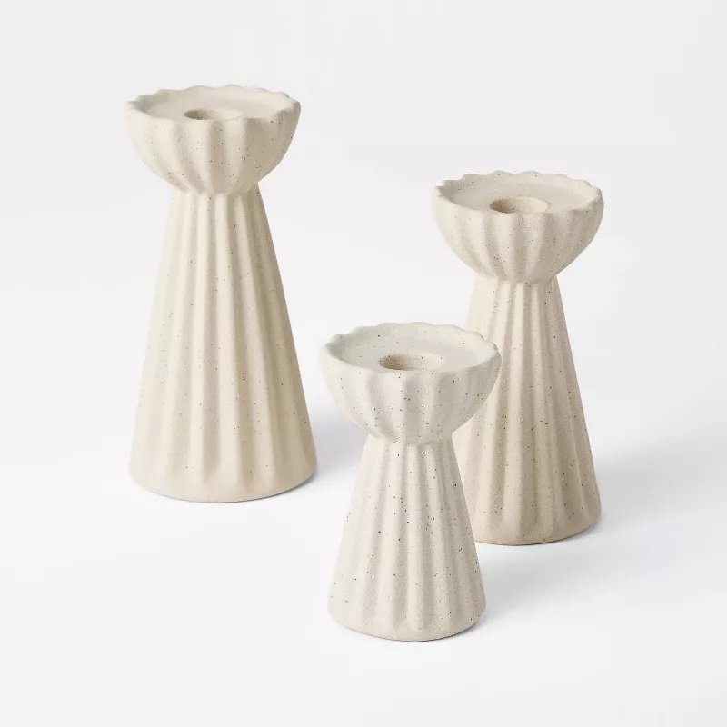 Set of 3 Ceramic Ribbed Taper Candle Holders - $25