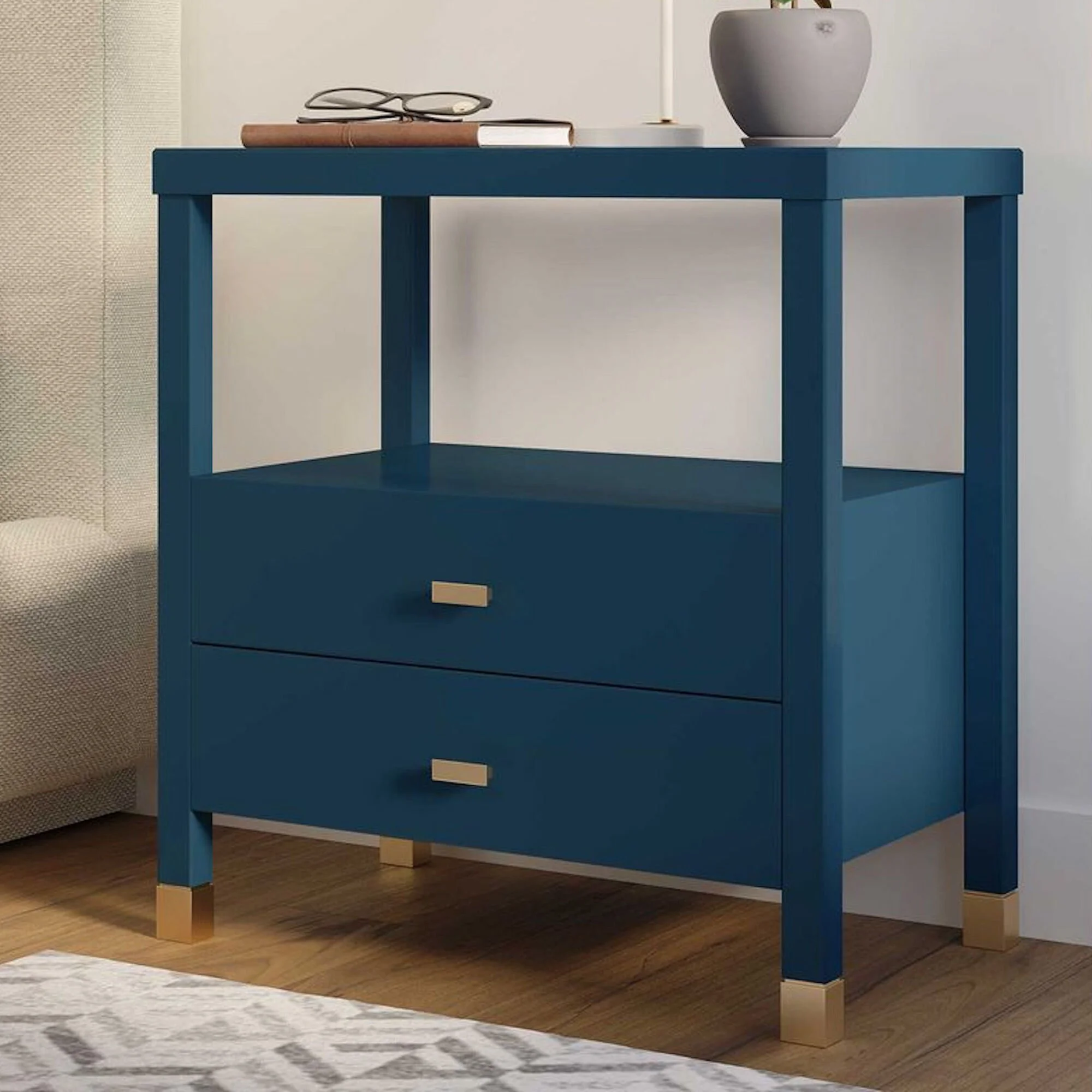 World Market - $299.99 - Basuel Large Navy Blue Wood Nightstand with Drawers