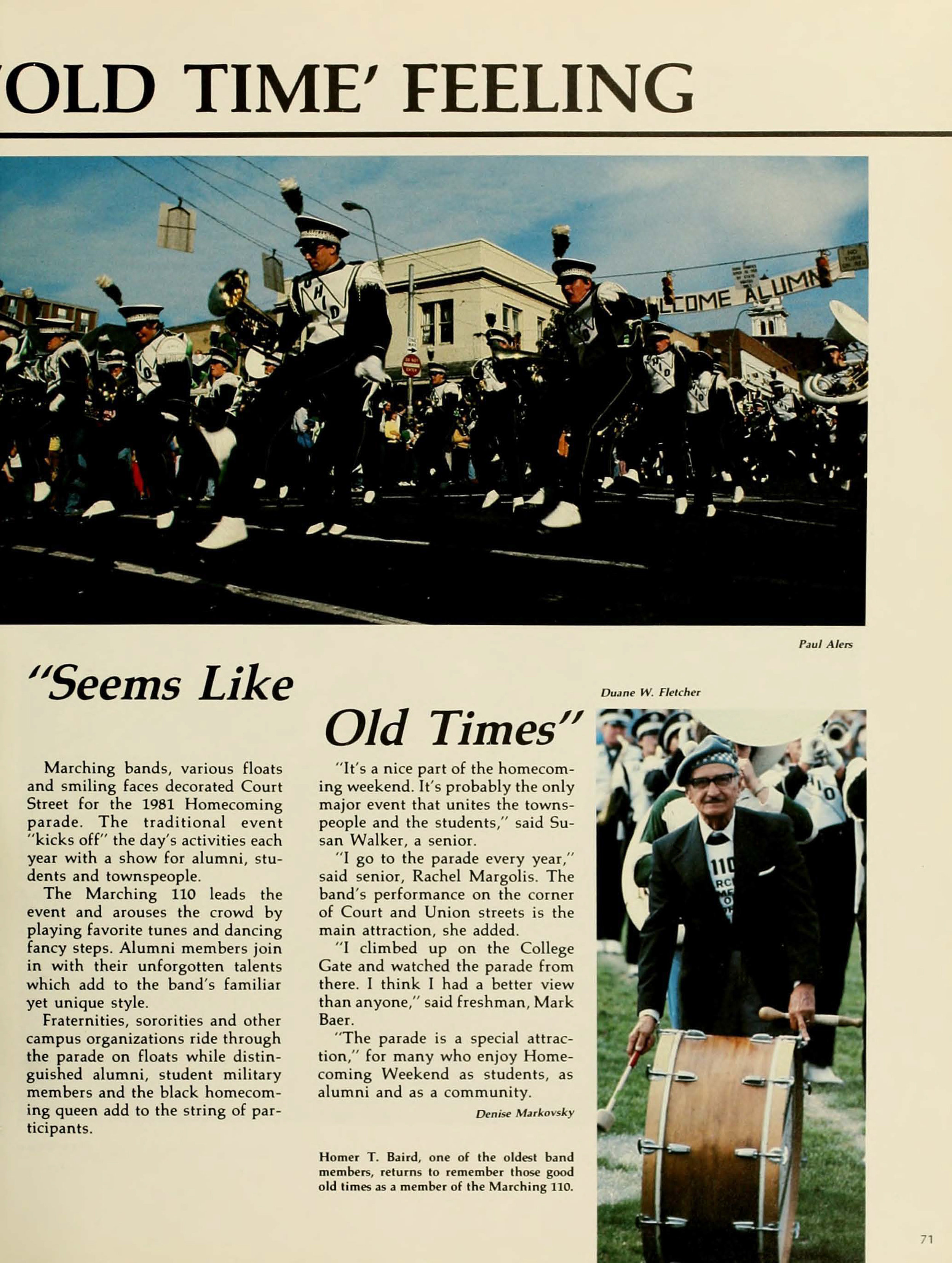 Founder Homer T. Baird is honored at halftime of the 1981 Homecoming football game at Peden Stadium. (COURTESY OF OHIO UNIVERSITY LIBRARY DIGITAL COLLECTION)