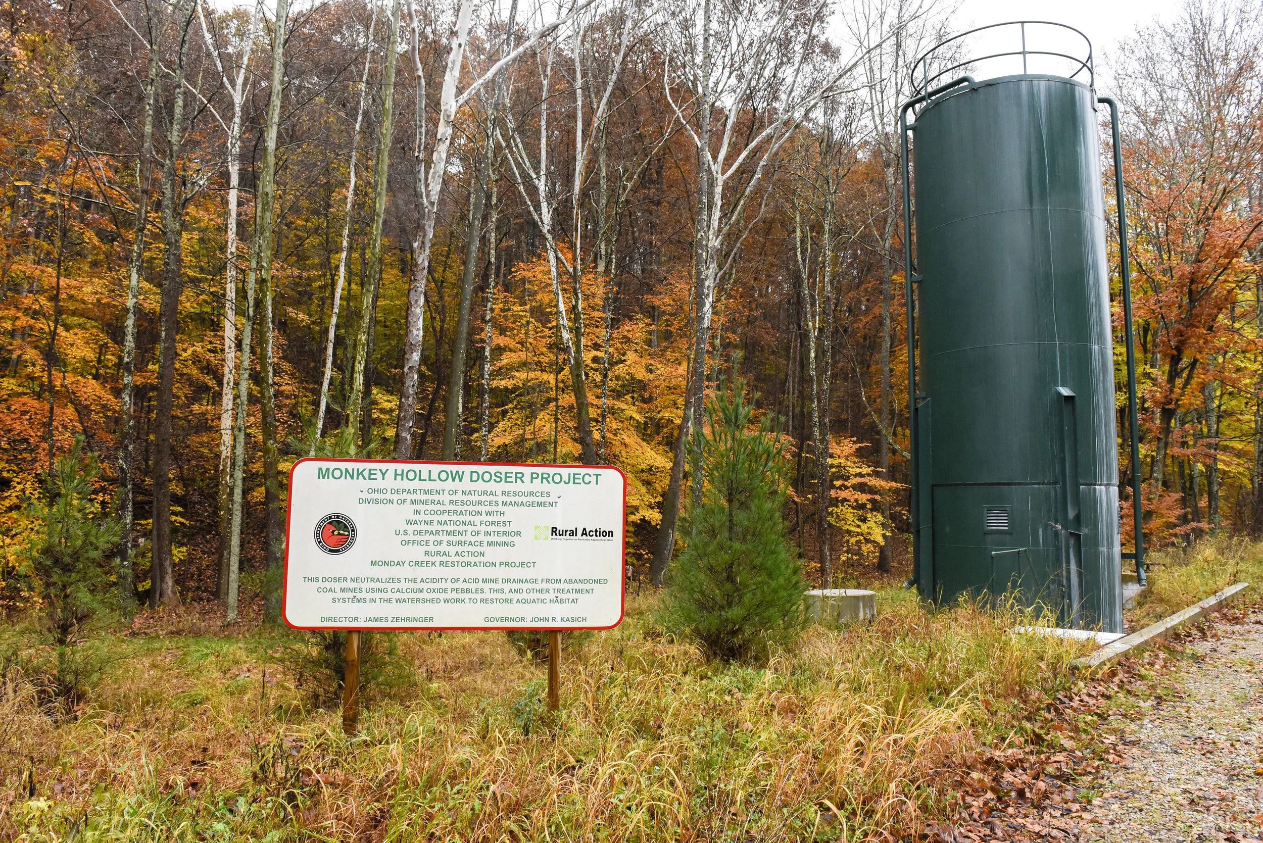 The Monkey Hollow Doser Project, located in Carbon Hill (a census-designated place in central Ward Township, Hocking County) was built in 2014 after the initial doser site was moved here.