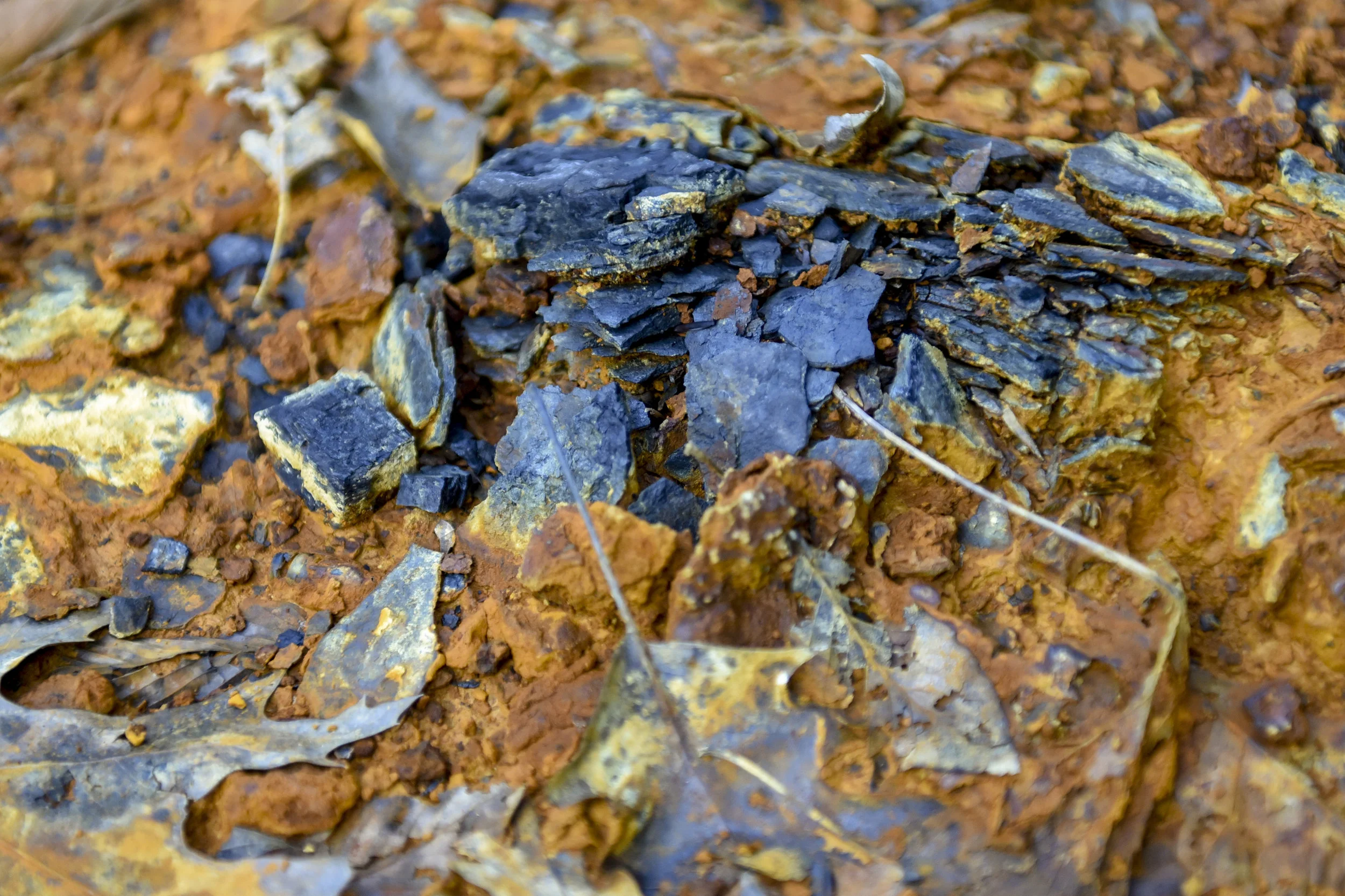 Exposed coal lies in the orange mud outside of the Majestic Mine opening in Nelsonville.