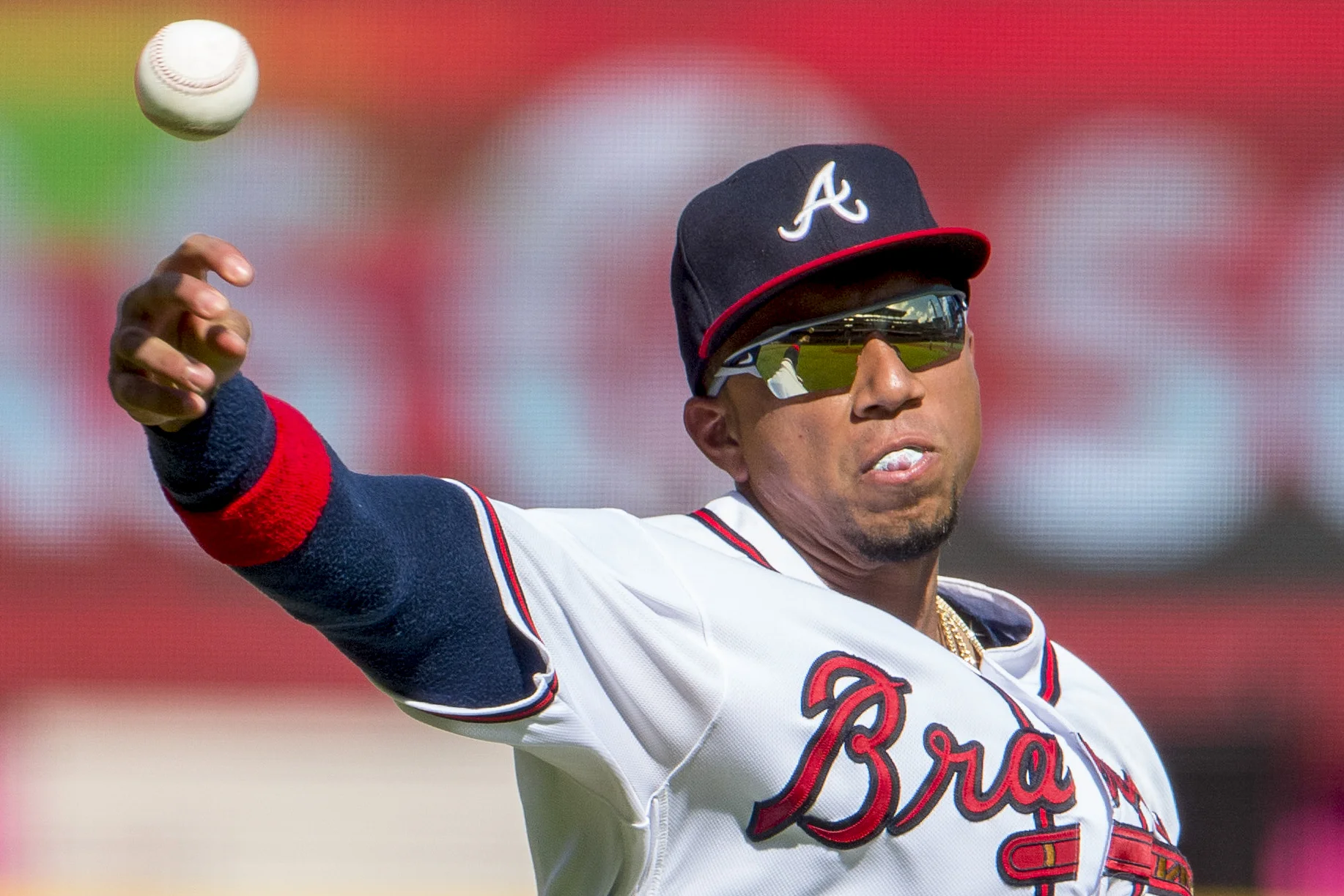 Johan Camargo #17 of the Atlanta Braves throws to first against the Washington Nationals at SunTrust Park on June 2, 2018, in Atlanta, Georgia. The Nationals won 5-3.