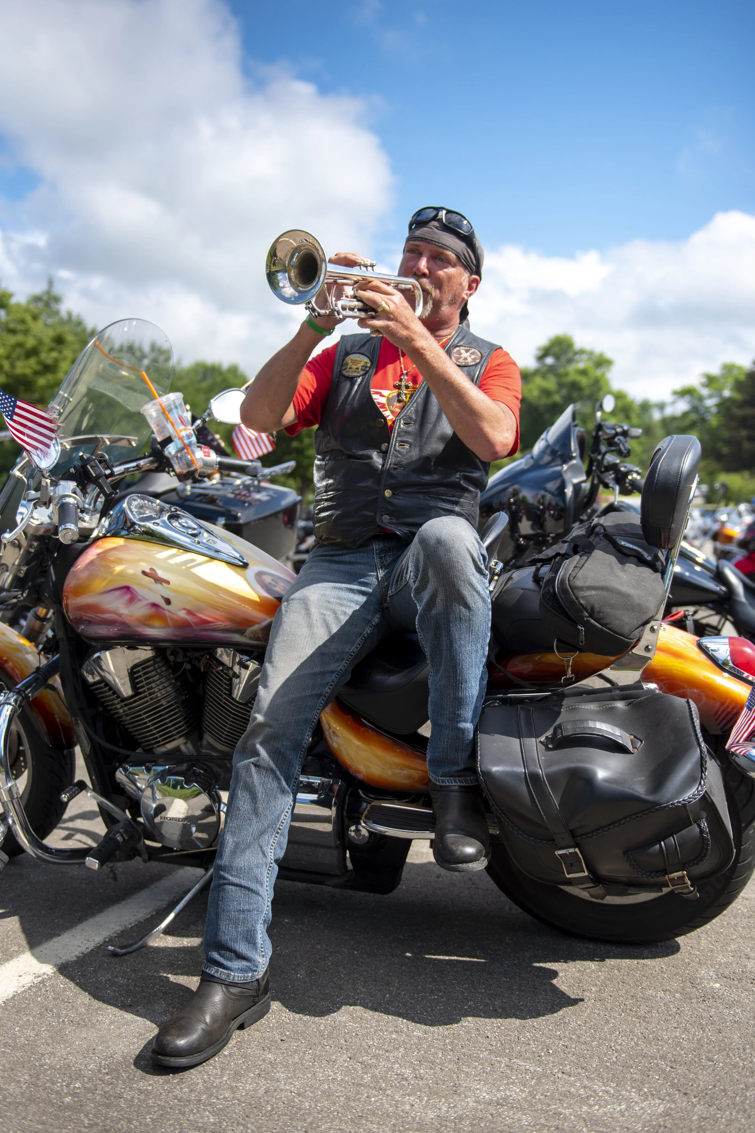 Marty Brown of Florence, KY and a 1984 graduate of Cathedral Prep High School, poses for a portrait before the Roar on the Shore’s 5th annual Fallen Riders Memorial Run in Erie, PA. Brown has played trumpet for 43 years, and has now become a part of the annual Roar on the Shore activities, playing at various events throughout the weekend’s events the past few years.