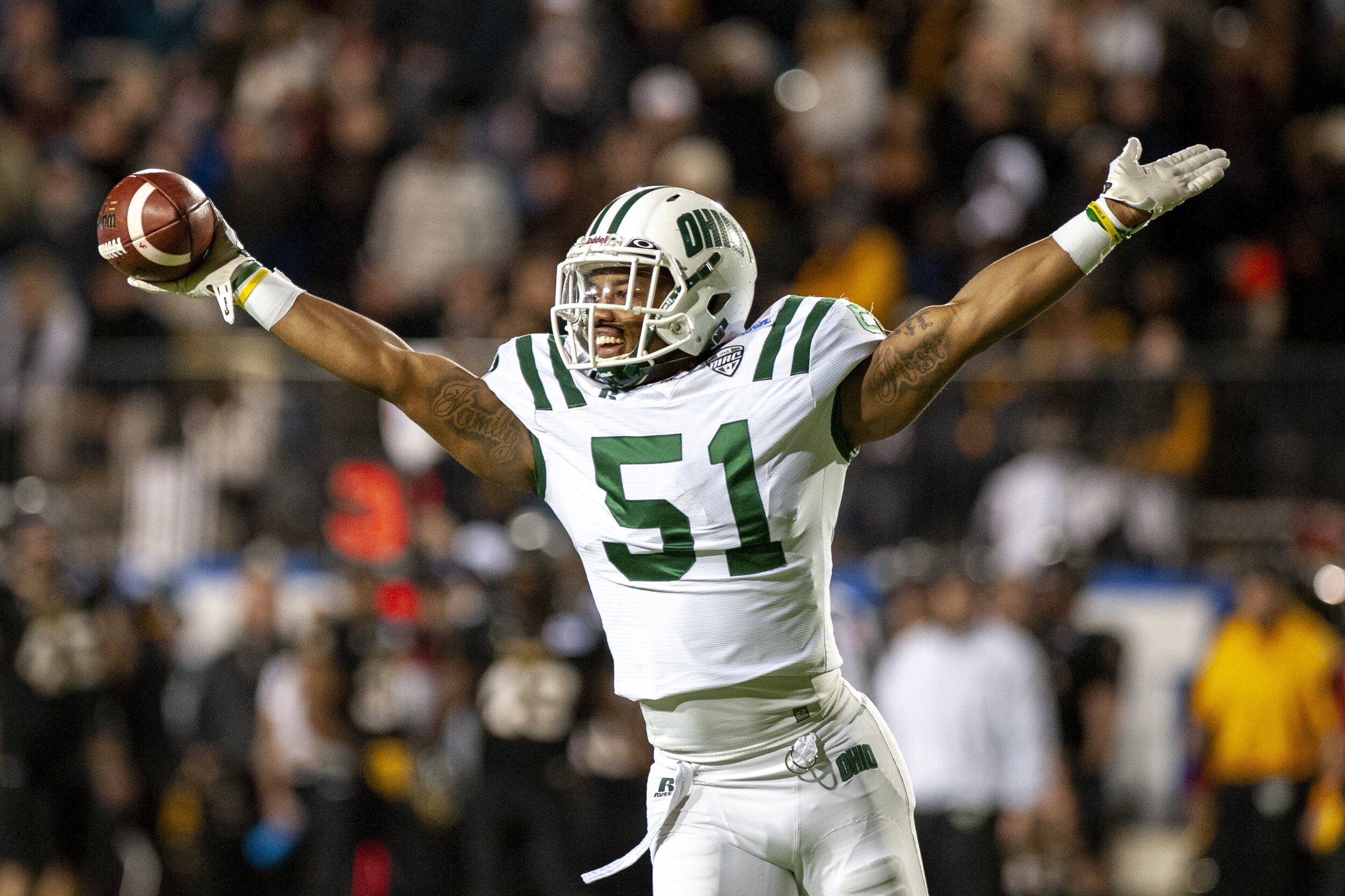 Ohio redshirt senior linebacker Jovon Johnson (#51) celebrates after an Appalachian State fumble in the second quarter of the Bobcats’ 31-29 loss in the 31-29 Raycom Media Camellia Bowl at the Cramton Bowl in Montgomery, Alabama on December 19, 2015