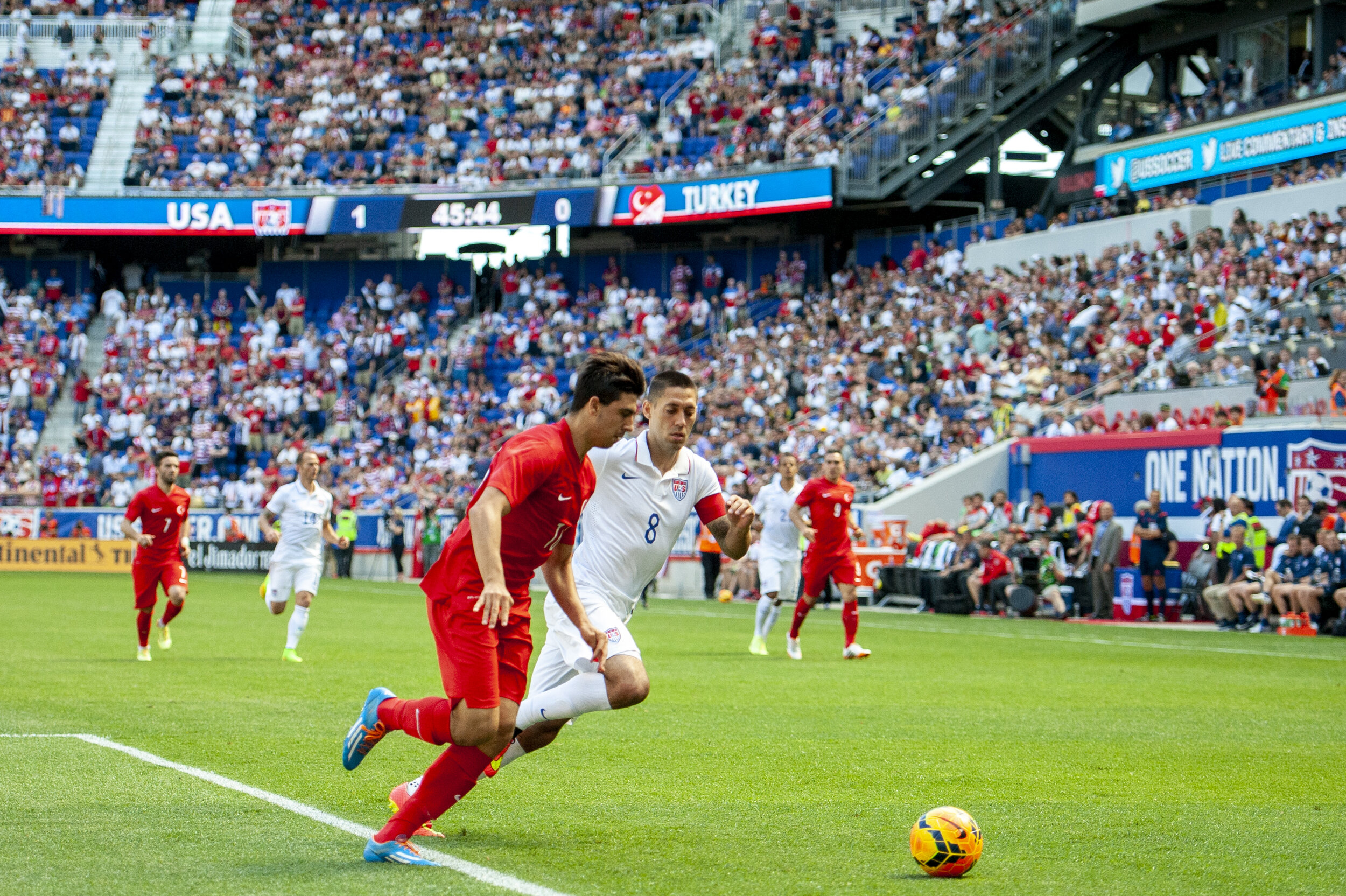 United States forward Clint Dempsey (#8) chases down Turkey defender Ozan Tufan in the second half of the USMNT’s 2-1 victory at Red Bull Arena in Harrison, NJ on June 1, 2014.