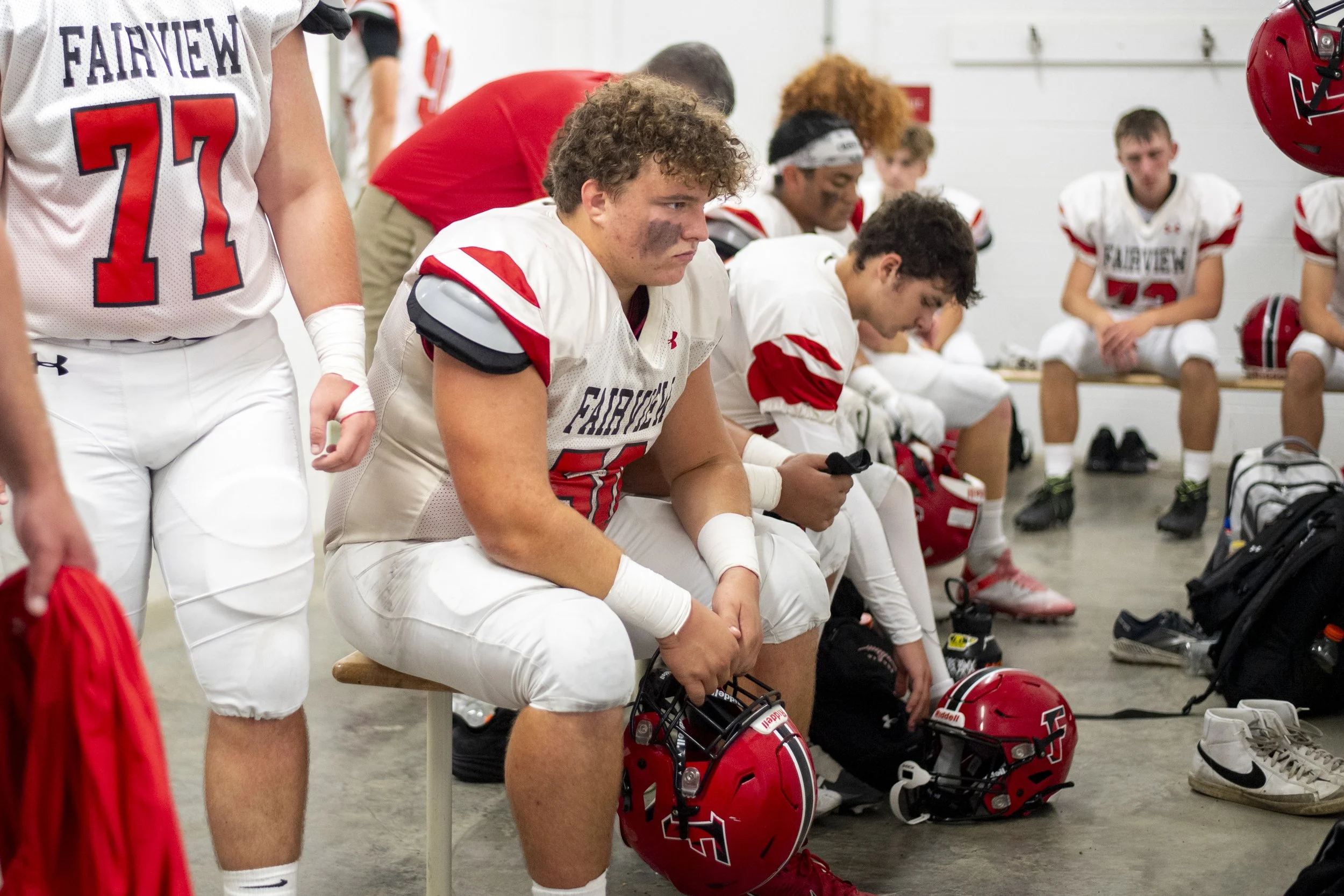  Fairview junior lineman Jayden Federoff relaxes in the locker room before the start of the Tigers’ Week 2 game against Meadville on September 8, 2022.  