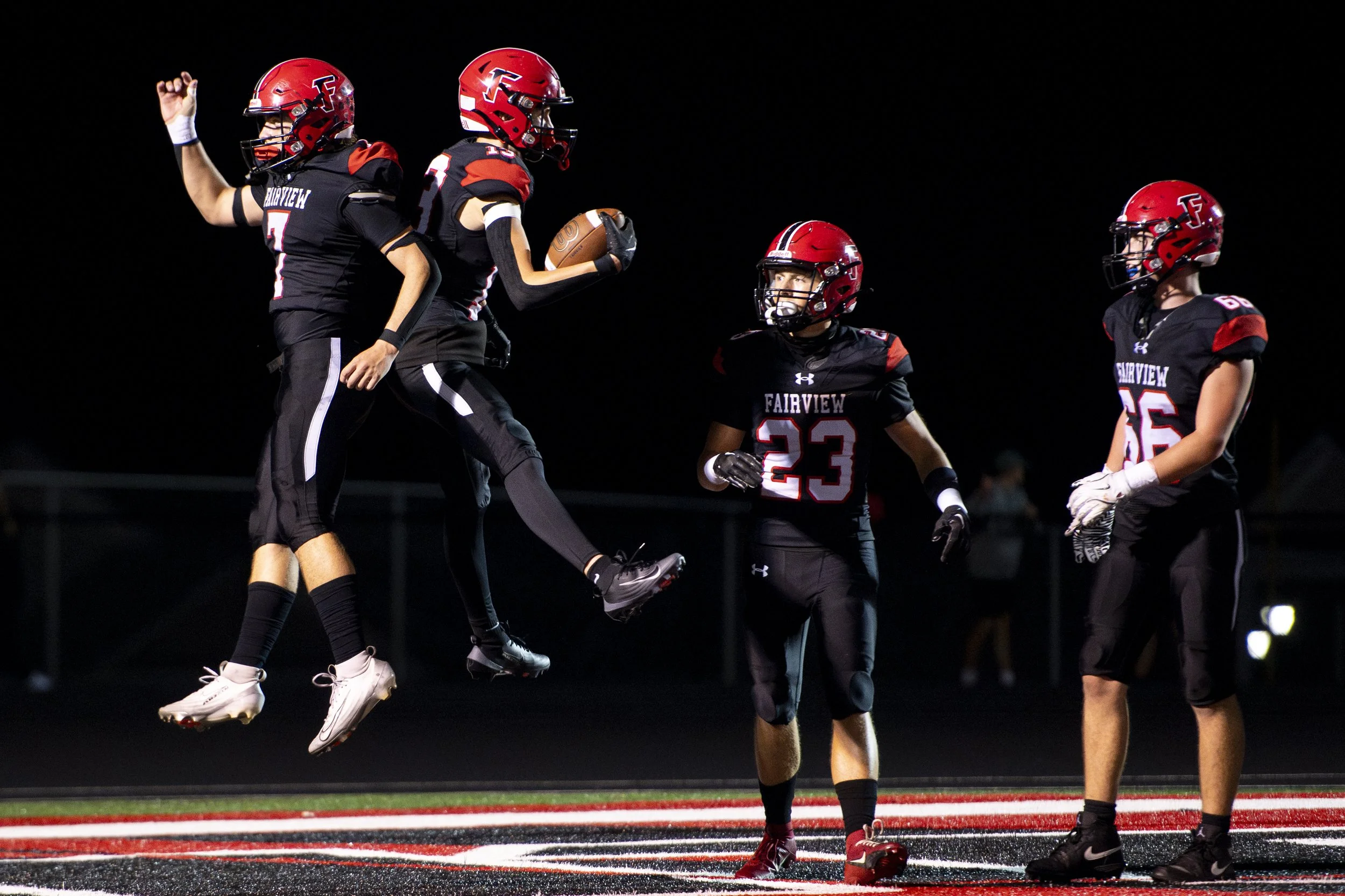  Fairview junior tight end Javis Nesbitt (#7, left) and senior wide receiver Langston Pustelak-Haynes (#13, right) celebrate after a touchdown in the second half of the TIgers’ 32-26 loss to rivals Girard on September 5, 2025 at Jack Bestwick Stadium