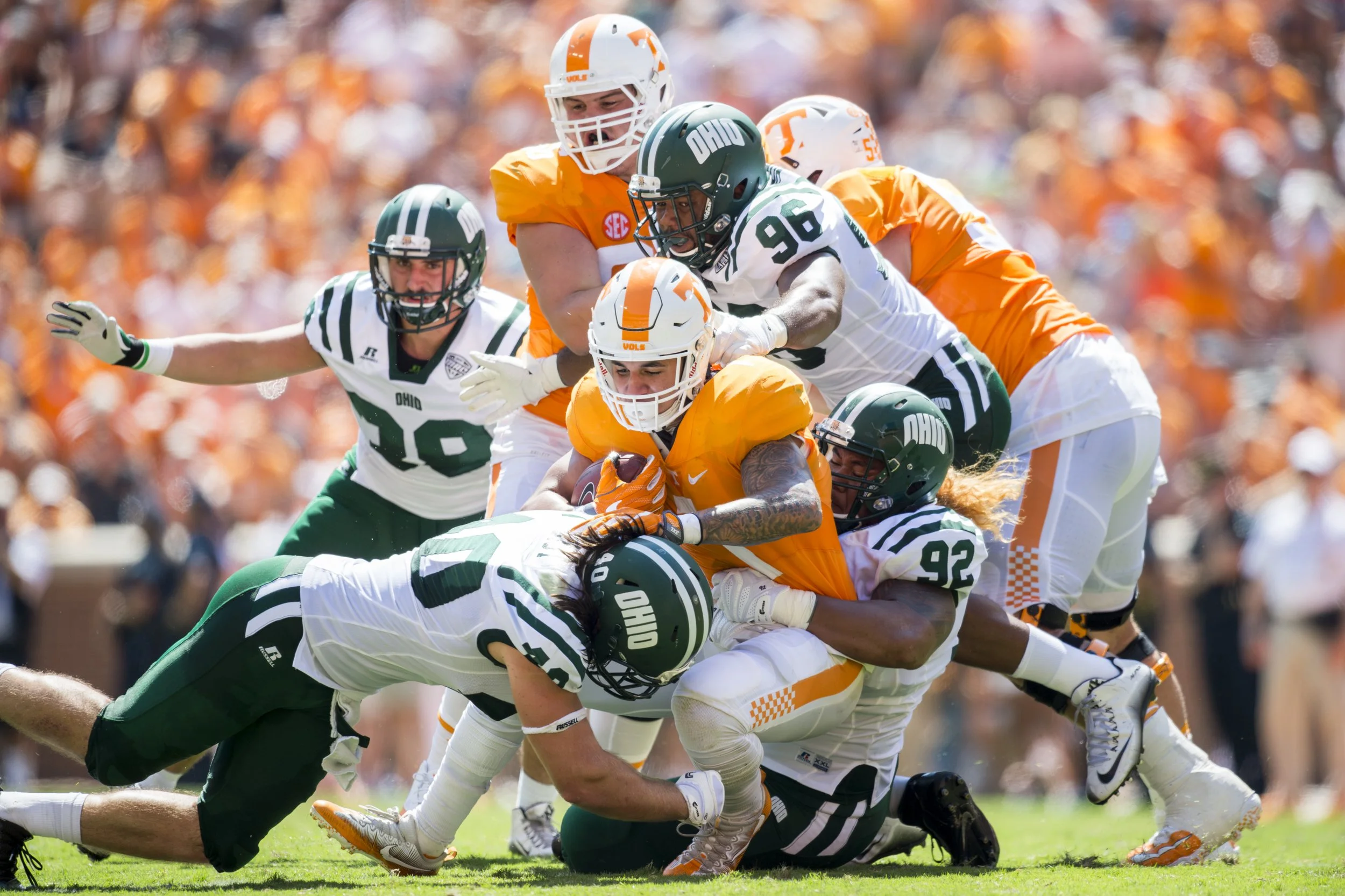  Ohio’s Cody Grilliot (#40) and Cleon Aloese (#92) take down a Tennessee player on September 17, 2016 at Neyland Stadium in Knoxville, Tennessee. The Volunteers would defeat the Bobcats 28-19. 