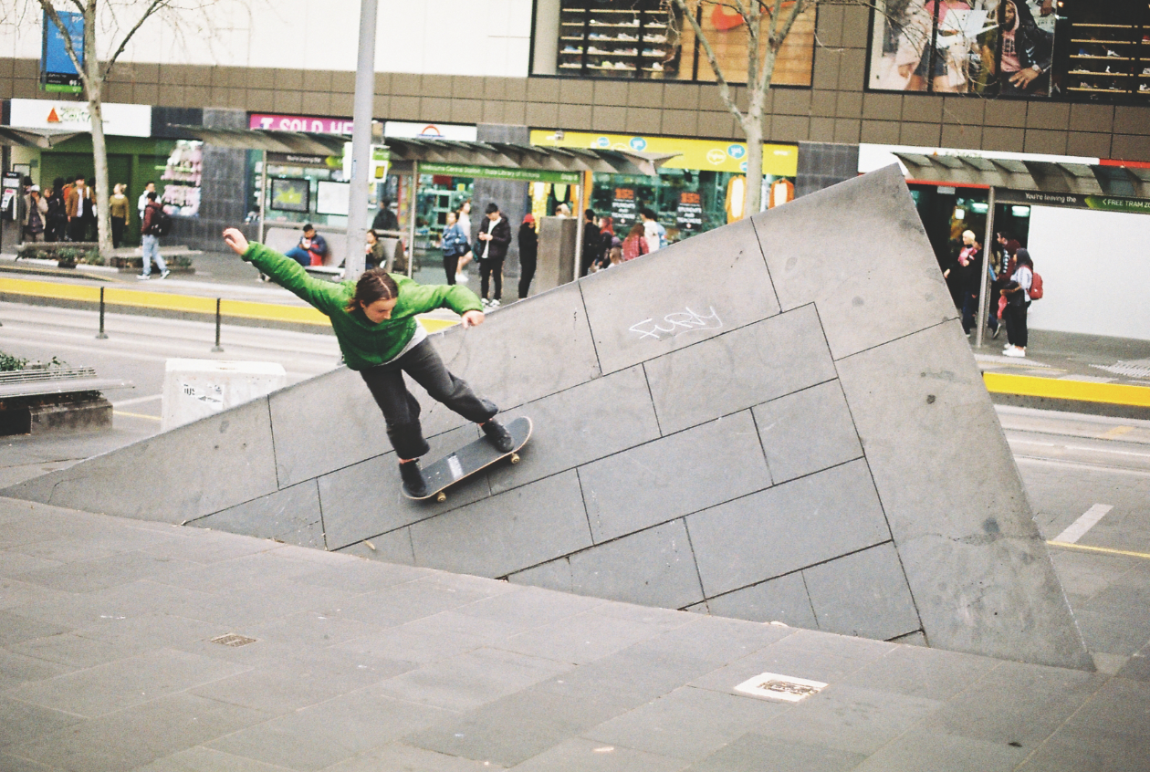 Cass Tutton skates at Melbourne State Library.  Photo:  Dean Kolenda