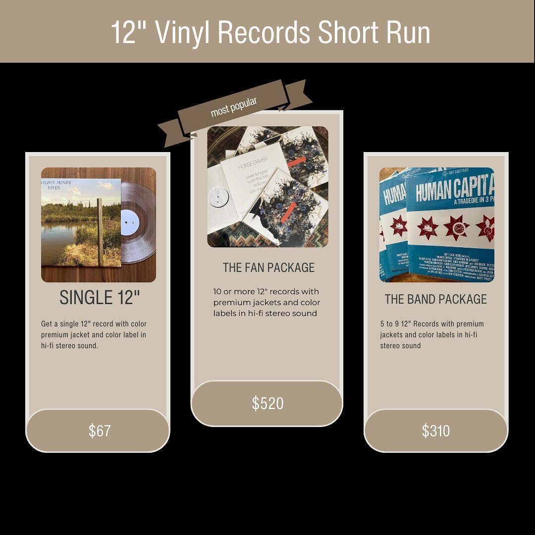 Put your music on a vinyl record!

#VinylPressing
#VinylForMusicians
#VinylRecording
#VinylMastering
#VinylCutting
#VinylDuplication
#ShortRunVinyl
#LimitedEditionVinyl
#VinylRelease
#VinylAlbum
#VinylArtwork
#VinylSound
#VinylMusic
#VinylCulture
#Vi