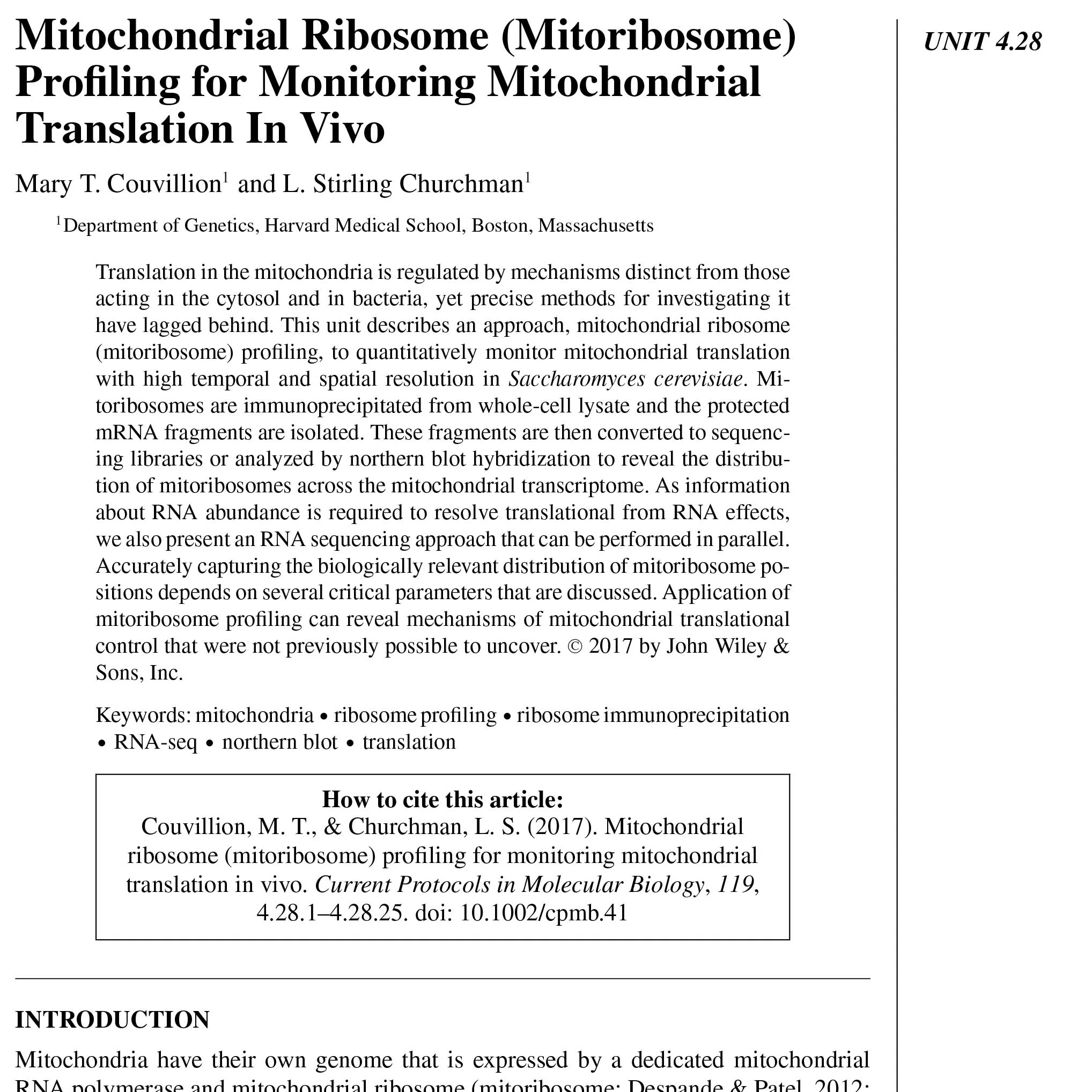 Mitochondrial ribosome (Mitoribosome) profiling for monitoring mitochondrial translation in vivo