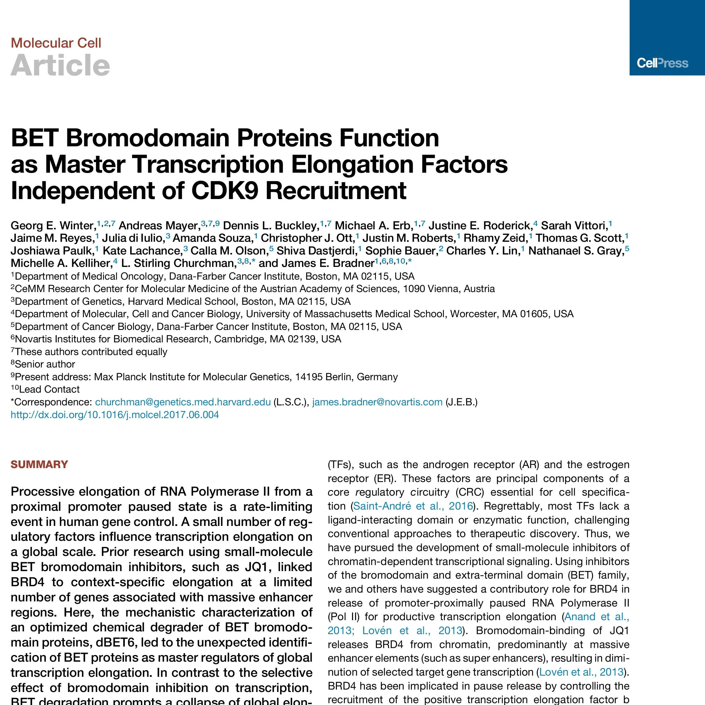 BET Bromodomain Proteins Function as Master Transcription Elongation Factors Independent of CDK9 Recruitment