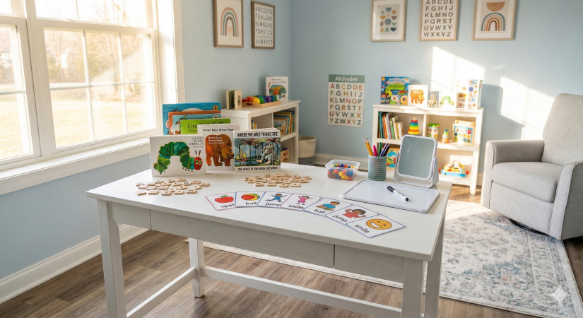 Speech therapy room at ThinkSpeech in Ashburn VA with learning materials and books