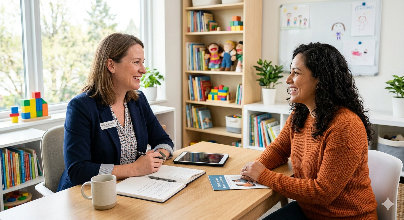 Speech therapist consulting with a parent at ThinkSpeech in Ashburn VA