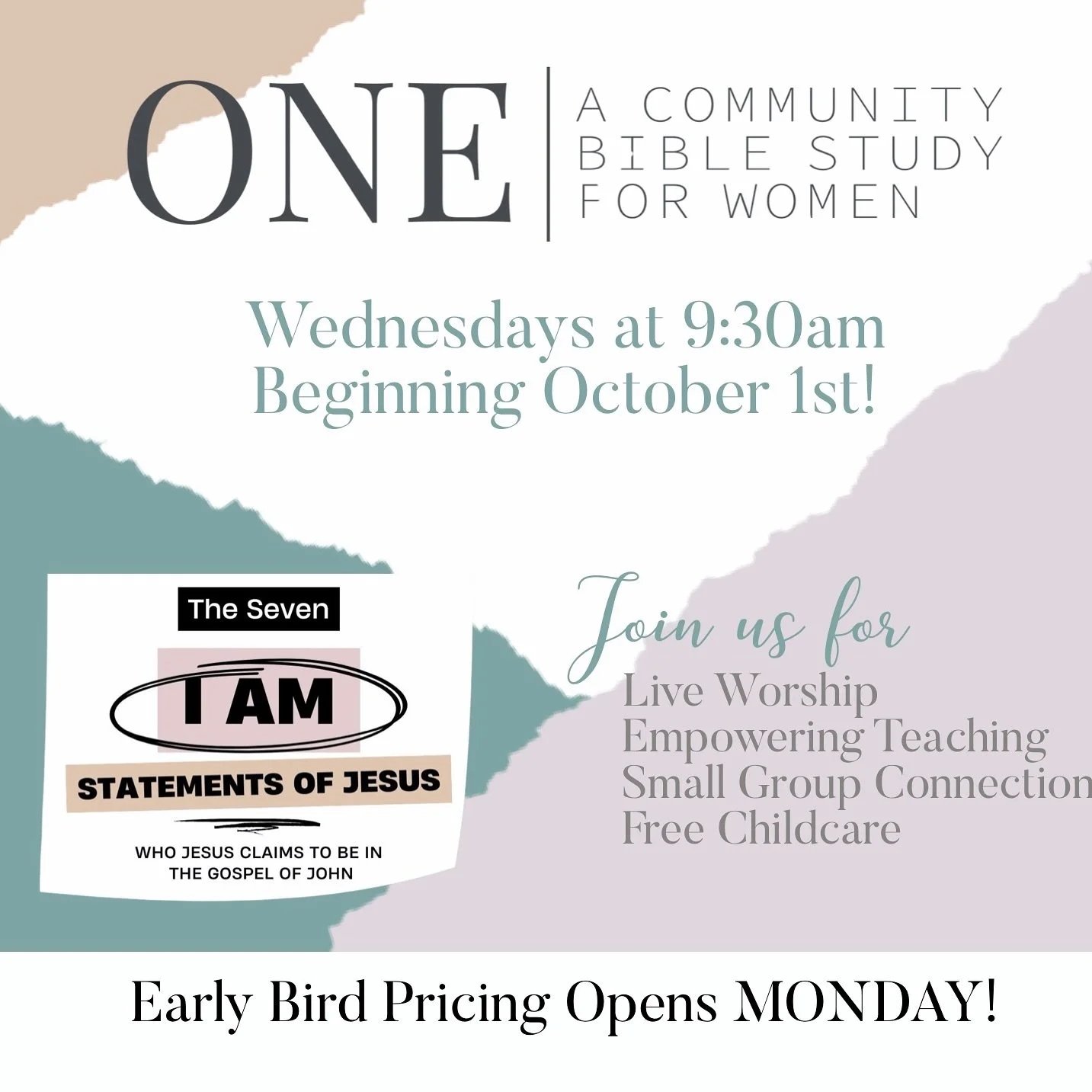 Registration opens MONDAY!! 

Join us for a unique Bible study that includes live worship and engaging, women-led teaching. We create a welcoming space where all are welcome, regardless of denomination. 📖🎶

 Grow in your faith alongside other women