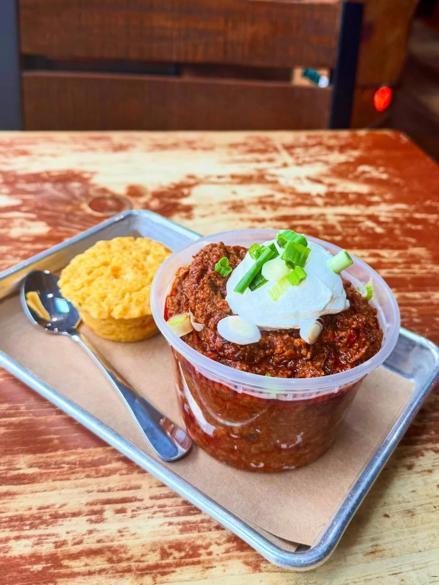 The cure for a chilly Saturday, is a Saturday Chili. Today wee whipped up a delicious beef rib and brisket chili to warm those bones up on this cold December day. It&rsquo;s served with a house made cornbread muffin, and sour cream. Supplies are limi