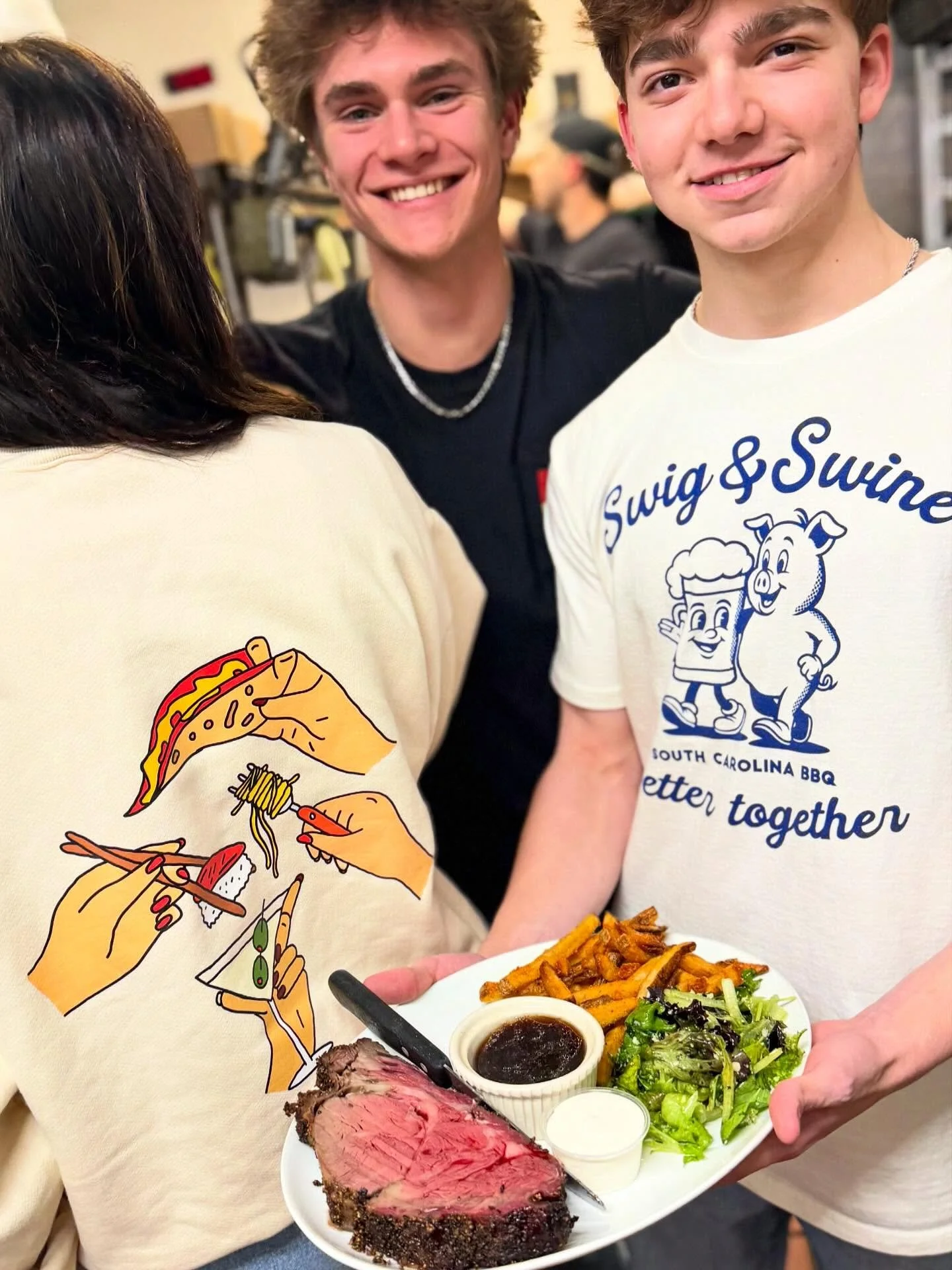 It&rsquo;s Prime Rib Thursday! Staff supporting some nice new threads thanks to @sistersnacking and @swigswinebbq. Hoo&rsquo;s coming down? #hoodoobrown #bbq #sistersnacking