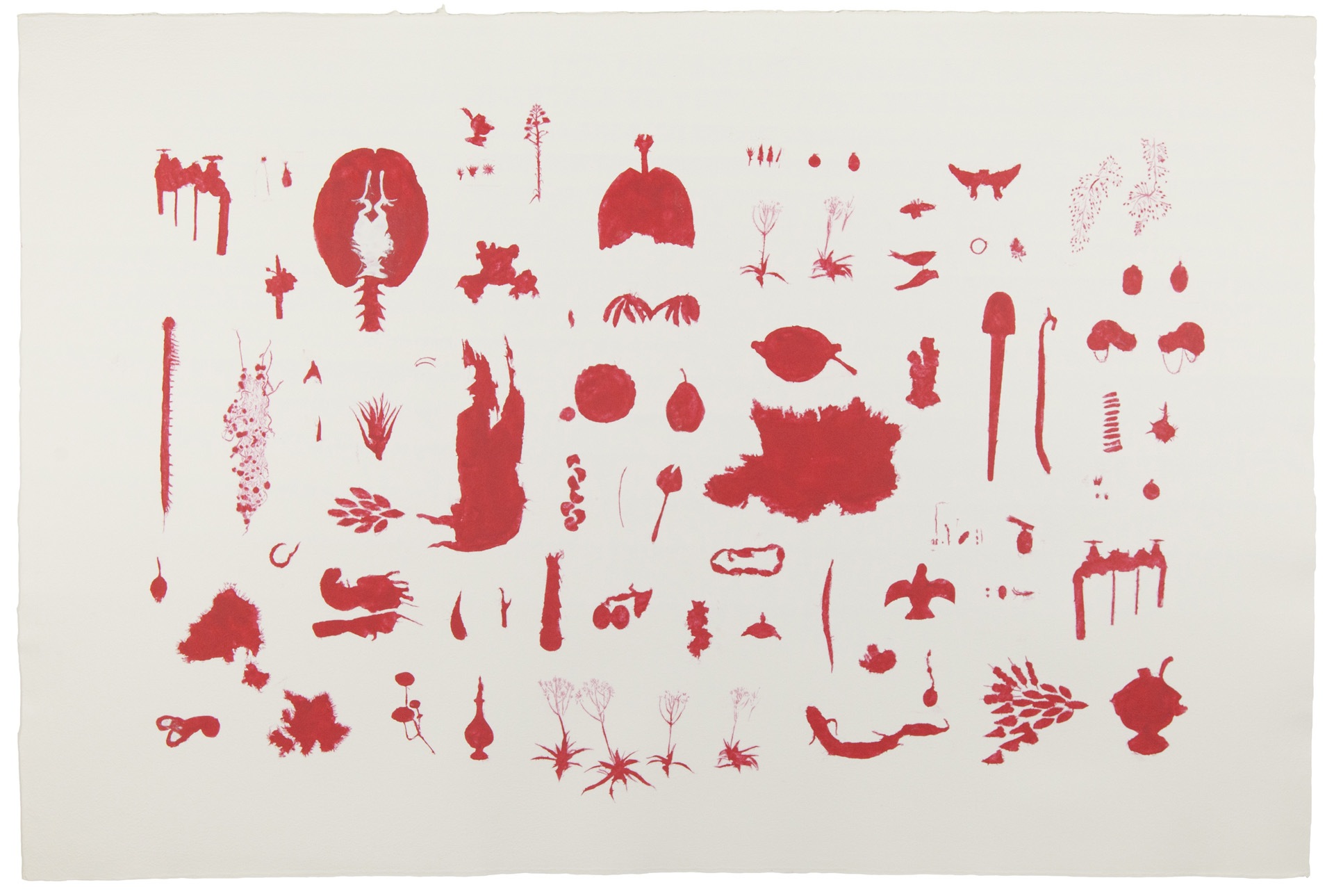   Guide , 2014, stenciled pigmented linen pulp on cotton paper, 40” x 60” 