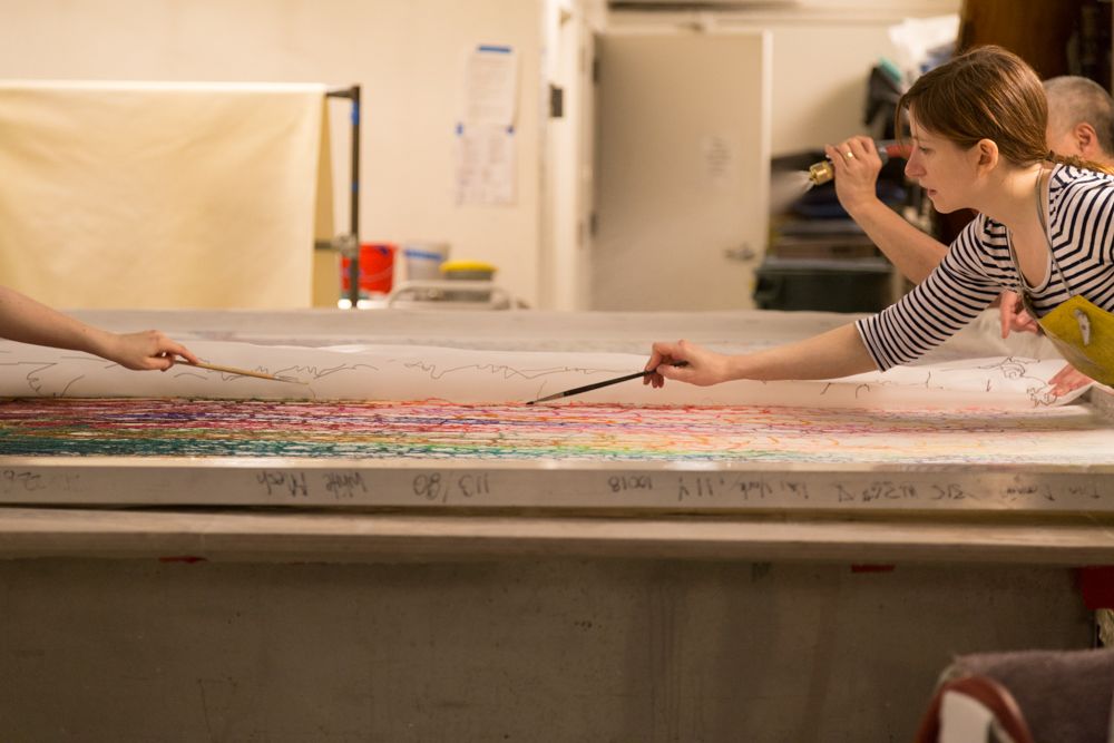 At Dieu Donné, working on a 7' x 10' piece by Do Ho Suh, 2015. photo courtesy of Eléonore Simon.