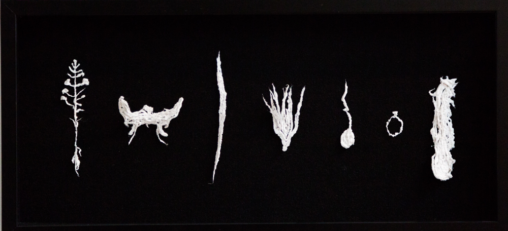 Set , 2015, drawing with strands of linen fiber, 7" x 15."