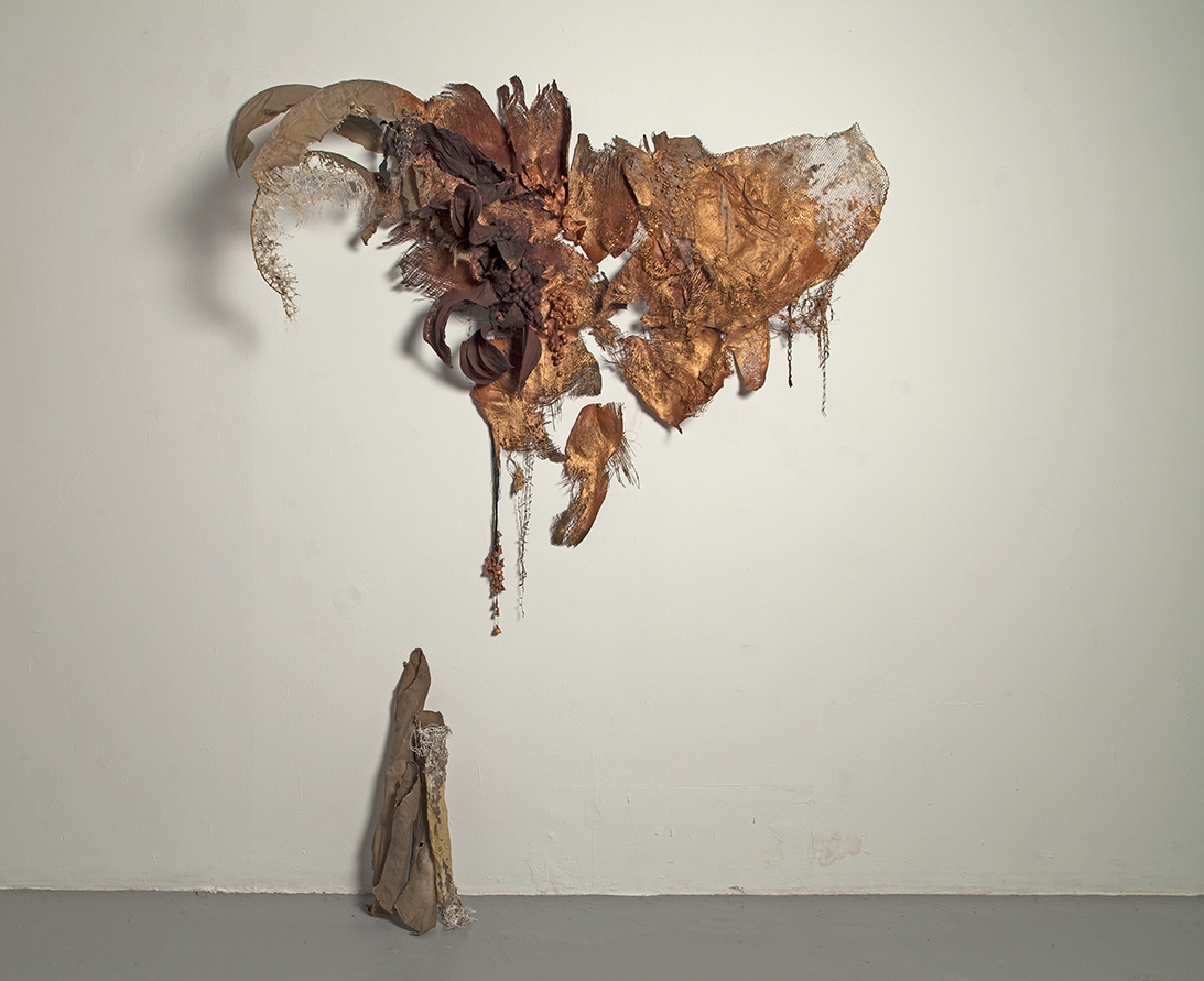 Hybrid (copper) , 2017, handmade flax and abaca paper, pigment, wire mesh, found objects, jute, 60” x 100”