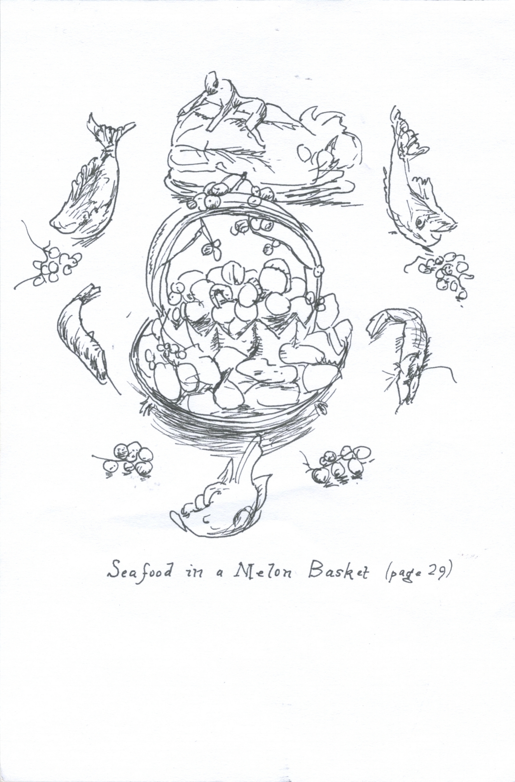   Seafood in a melon basket , 2011, ink on paper 